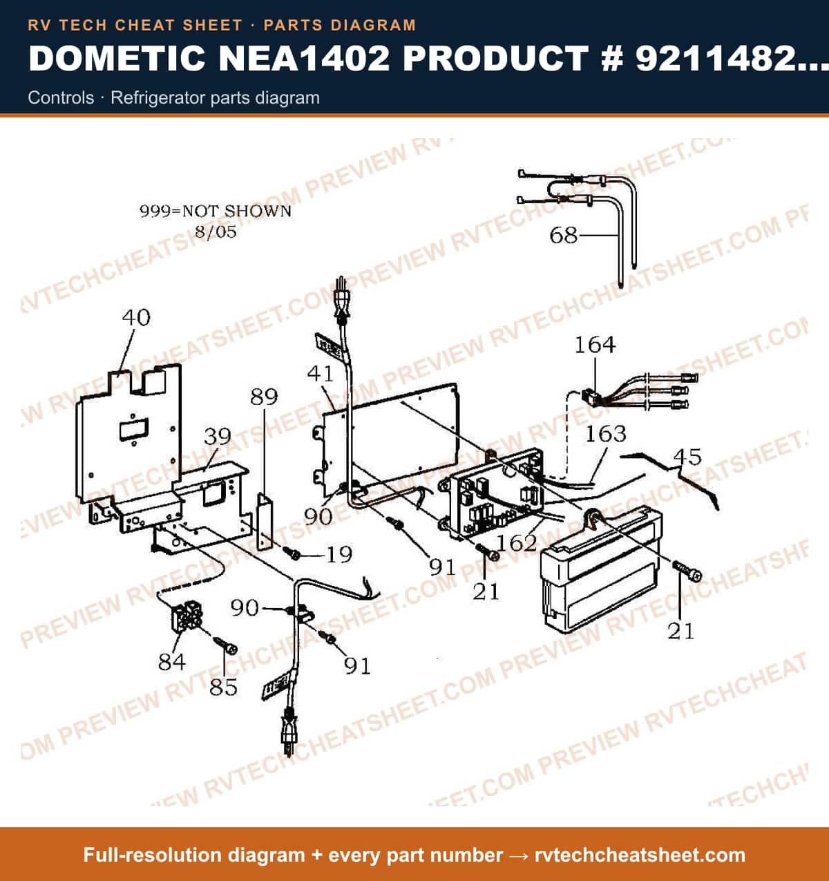 Dometic NEA1402 Product # 921148252 controls — parts list sheet