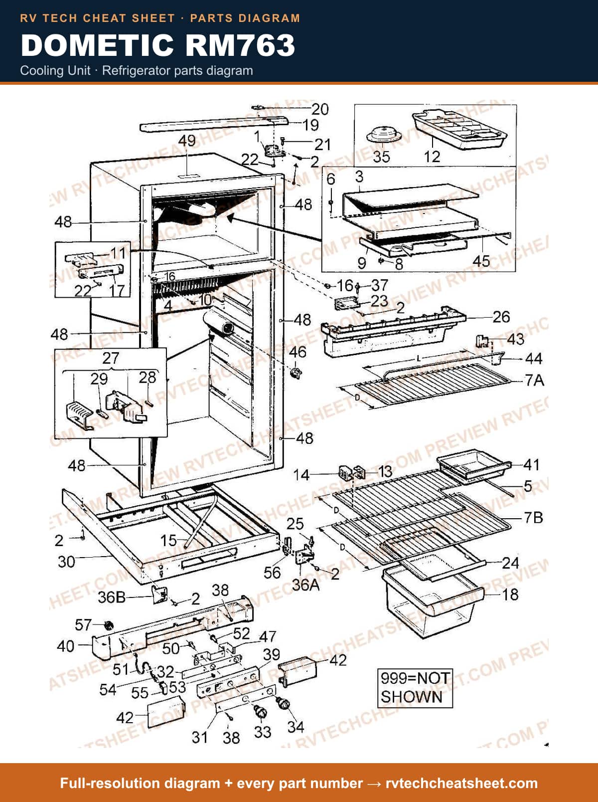 Dometic RM763 cooling unit — parts list sheet