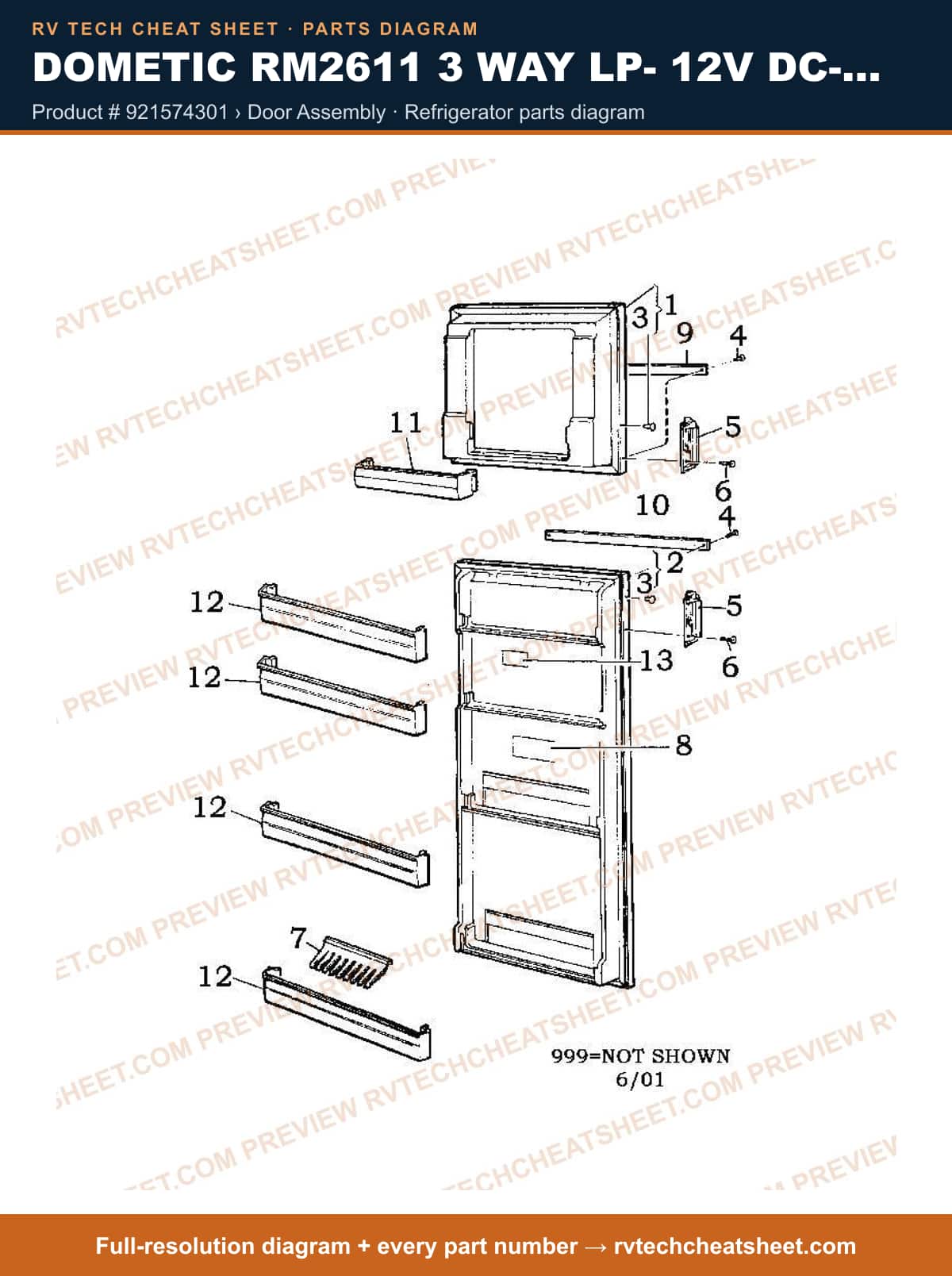 Dometic RM2611 3 Way Lp- 12V Dc- 110V AC product # 921574301 › door assembly — parts list sheet