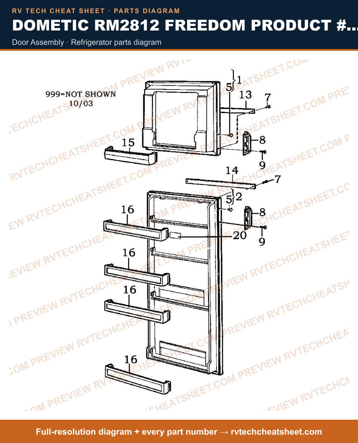 Dometic RM2812 Freedom Product # 921595601 door assembly — parts list sheet