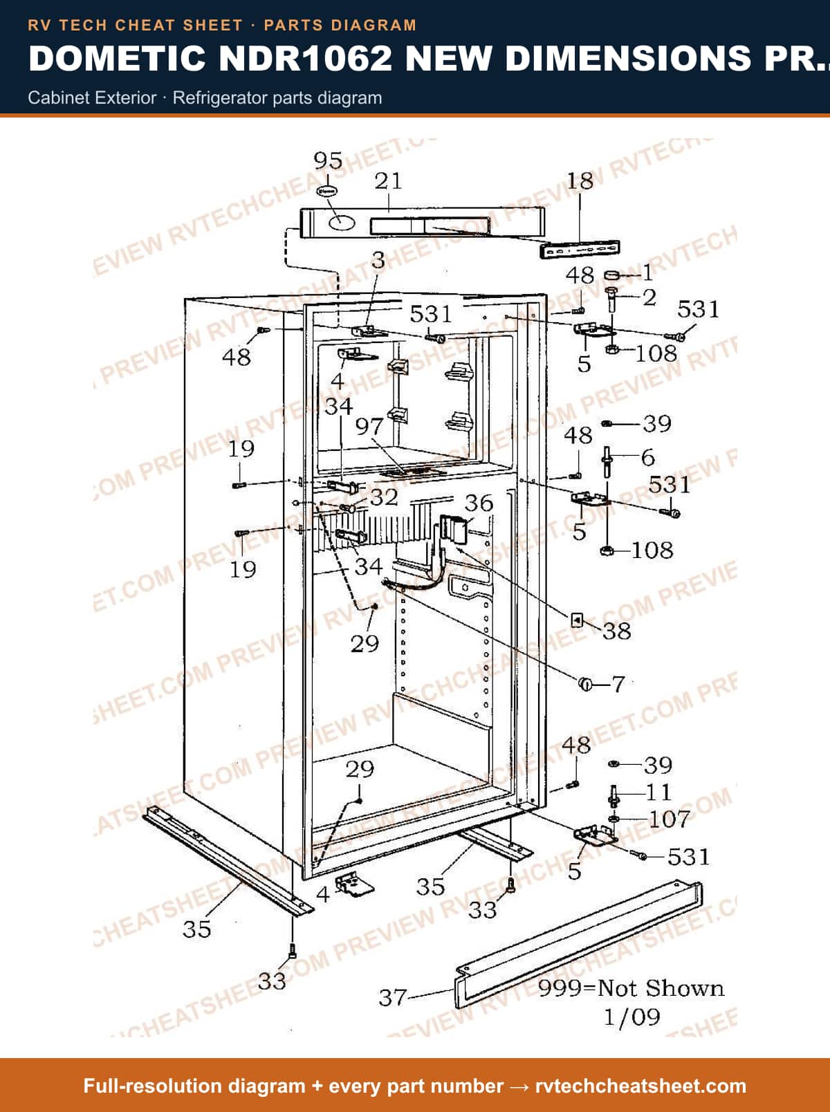 Dometic NDR1062 New Dimensions Product # 921146177 Black cabinet exterior — parts list sheet