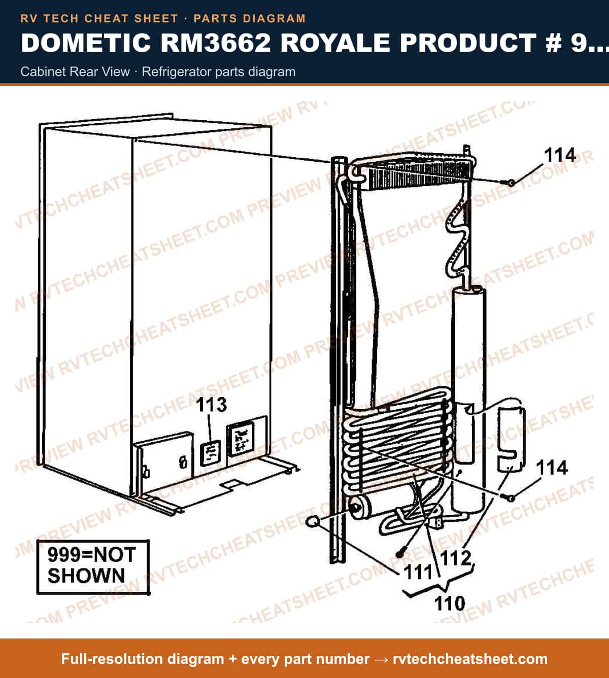 Dometic RM3662 Royale Product # 921144008 Beige cabinet rear view — parts list sheet