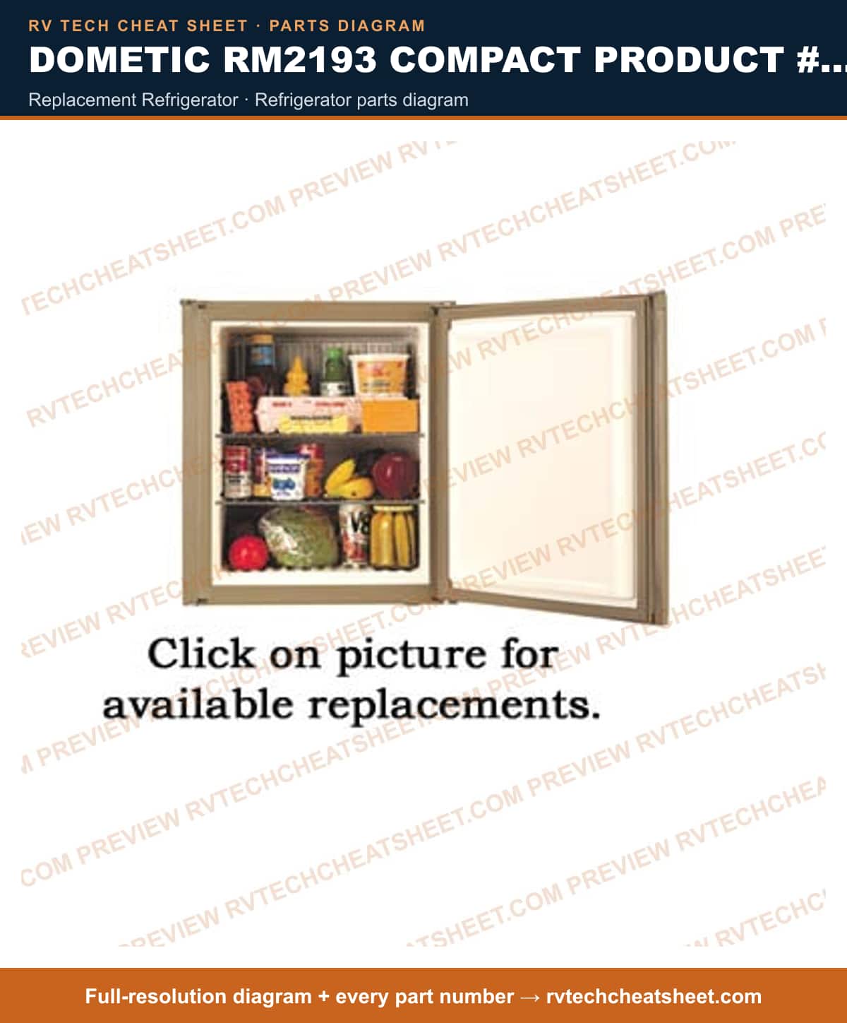Dometic RM2193 Compact Product # 921131022 replacement refrigerator — parts list sheet