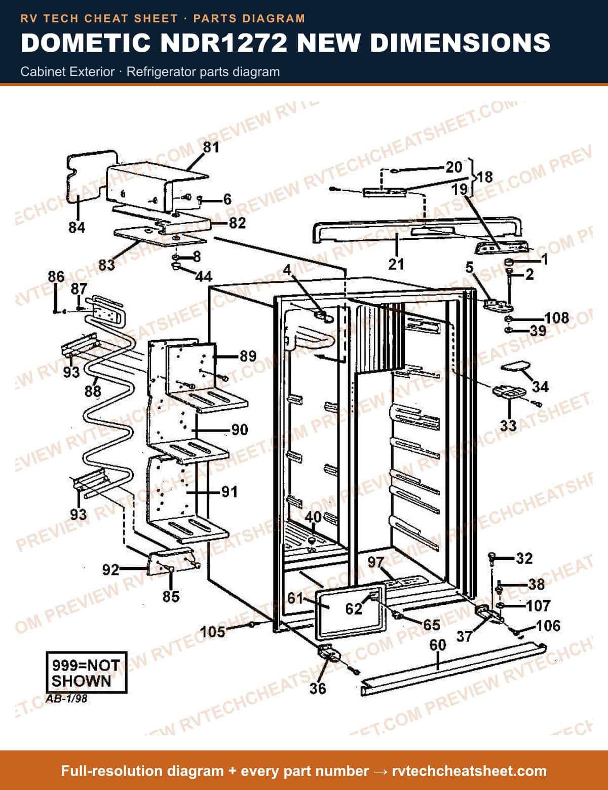 Dometic NDR1272 New Dimensions cabinet exterior — parts list sheet