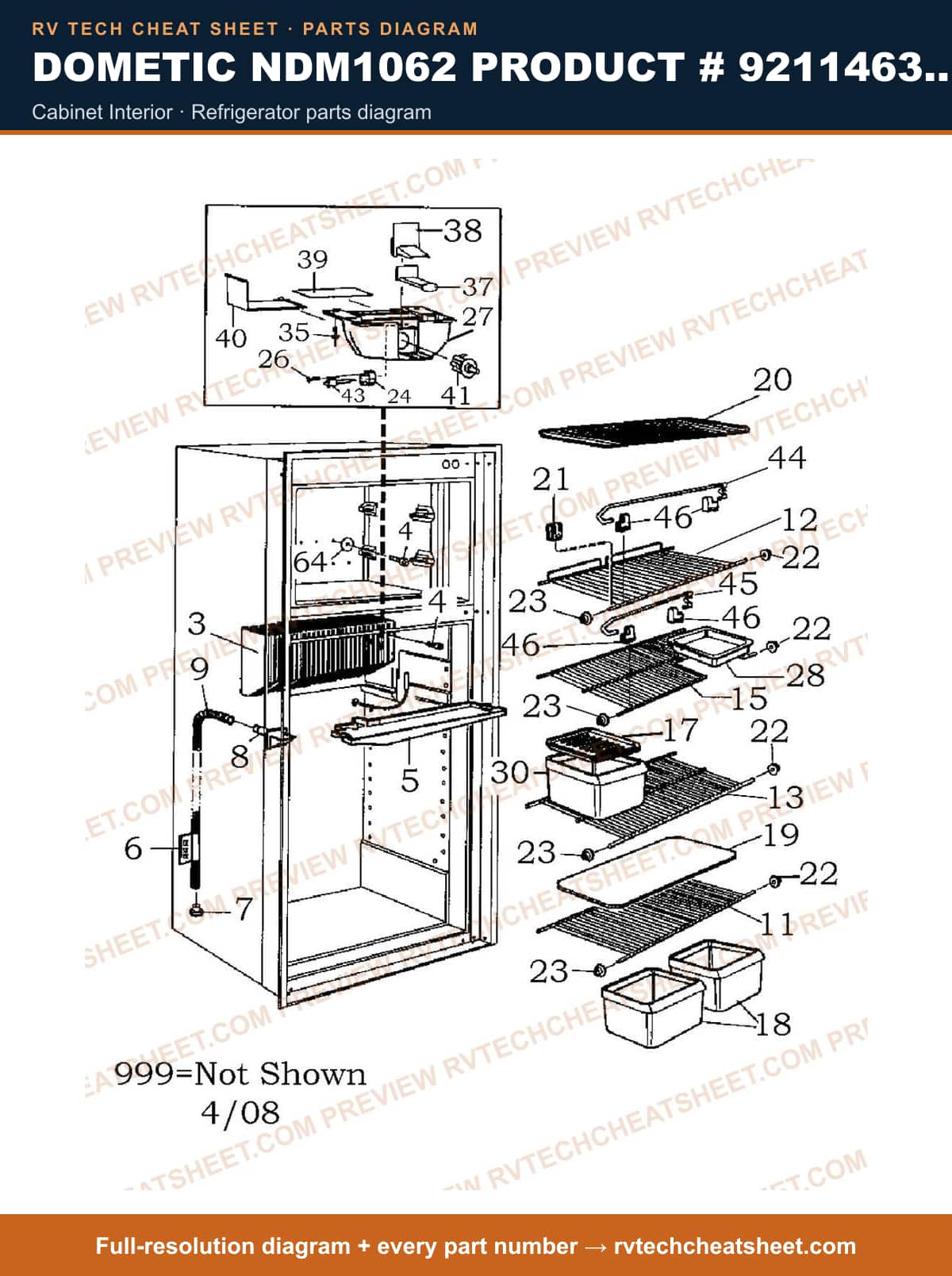 Dometic NDM1062 Product # 921146339 Black cabinet interior — parts list sheet