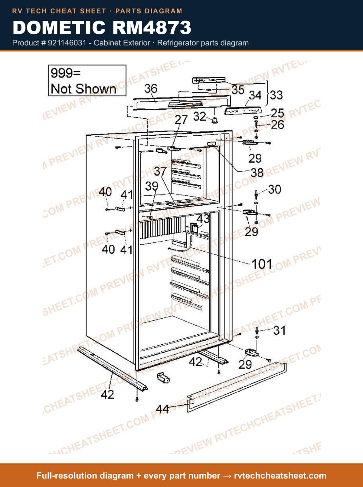 Dometic RM4873 product # 921146031 - cabinet exterior — parts list sheet