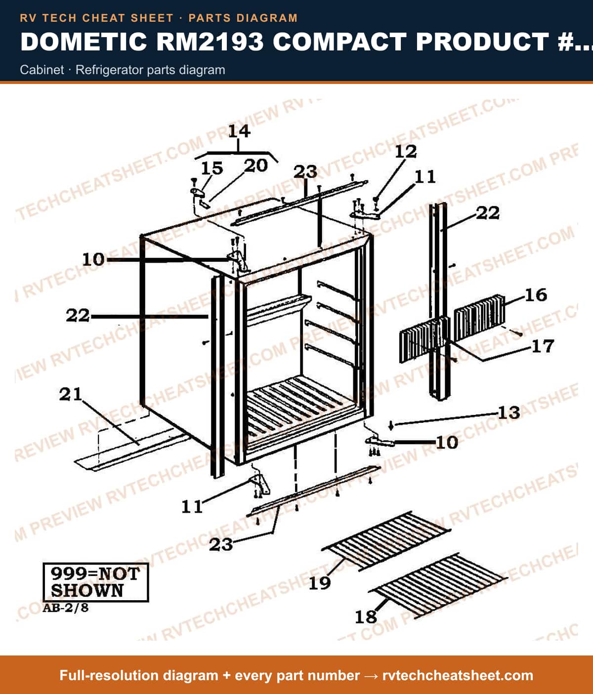 Dometic RM2193 Compact Product # 921131009 cabinet — parts list sheet