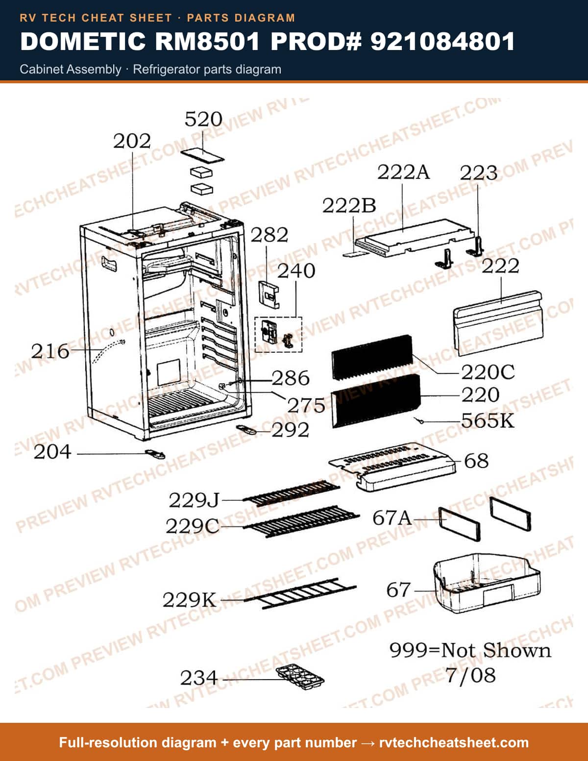 Dometic RM8501 Prod# 921084801 cabinet assembly — parts list sheet