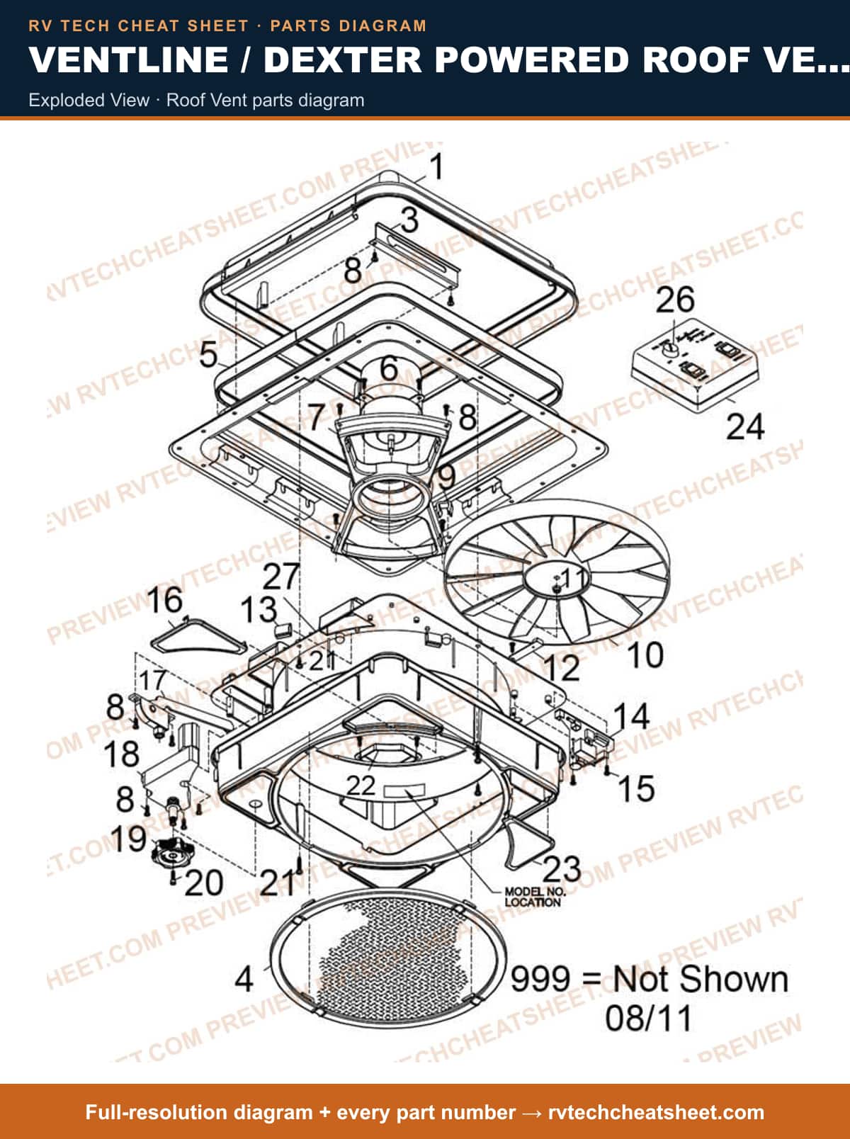 Ventline / Dexter Powered Roof Vents / Outlet Fans & Vents V2514 Northern Breeze exploded view — parts list sheet 2 of 3
