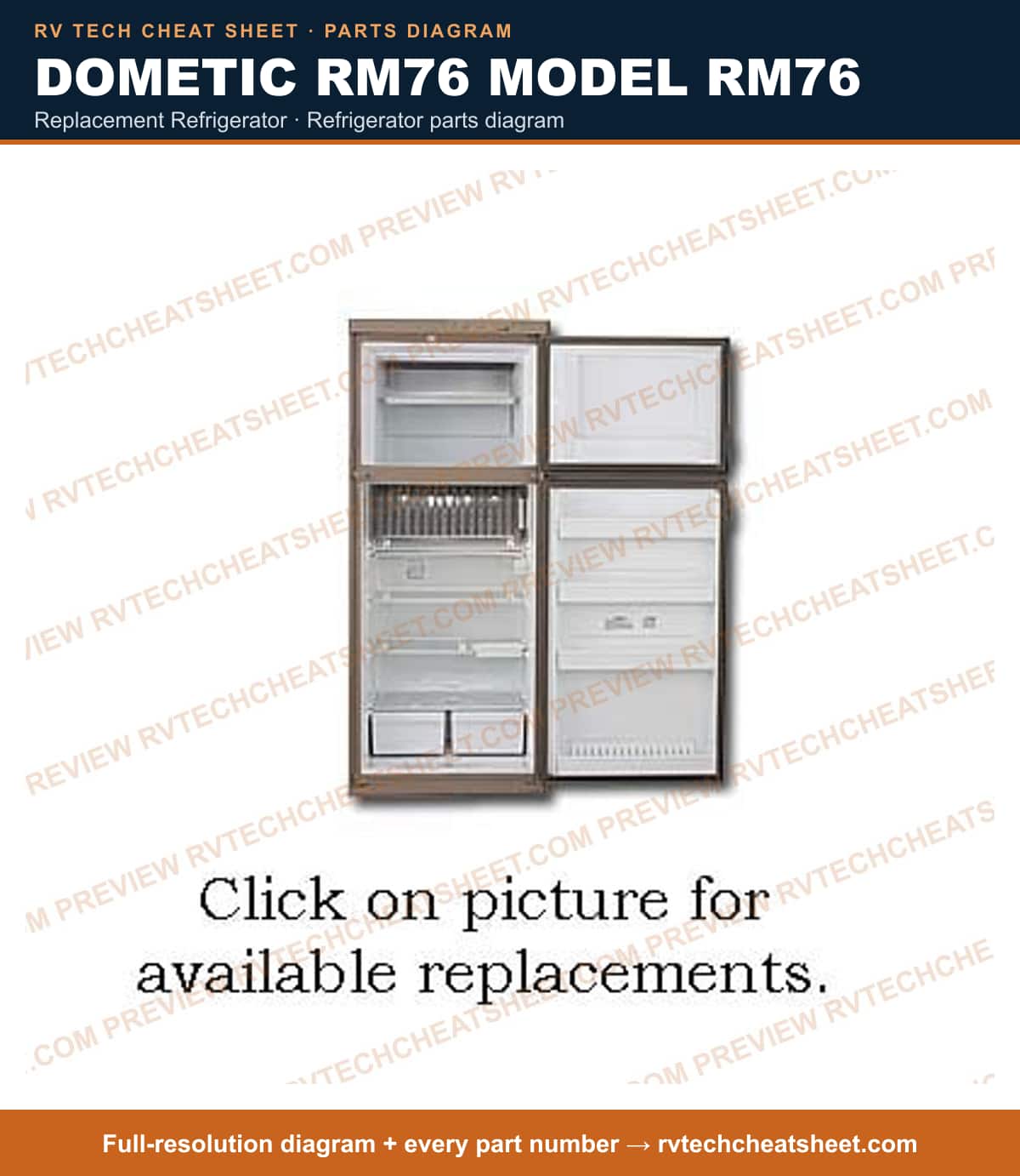 Dometic RM76 Model RM76 replacement refrigerator — parts list sheet