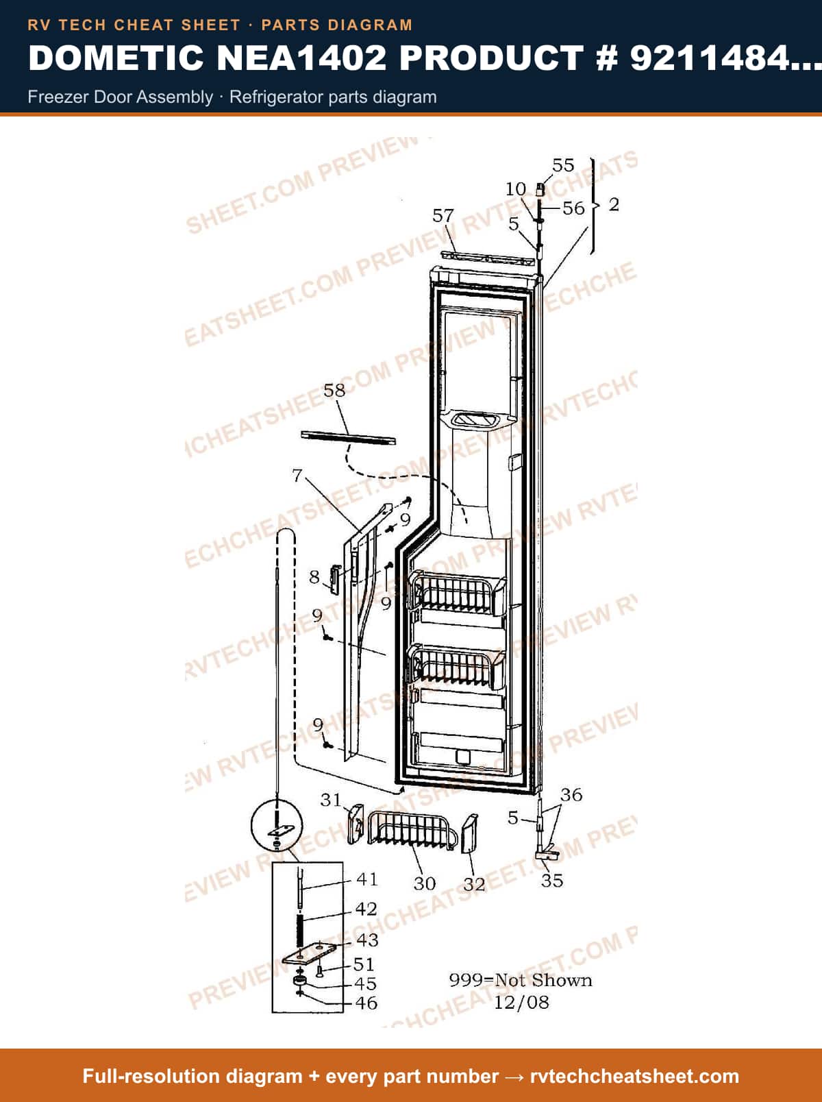 Dometic NEA1402 Product # 921148410 freezer door assembly — parts list sheet