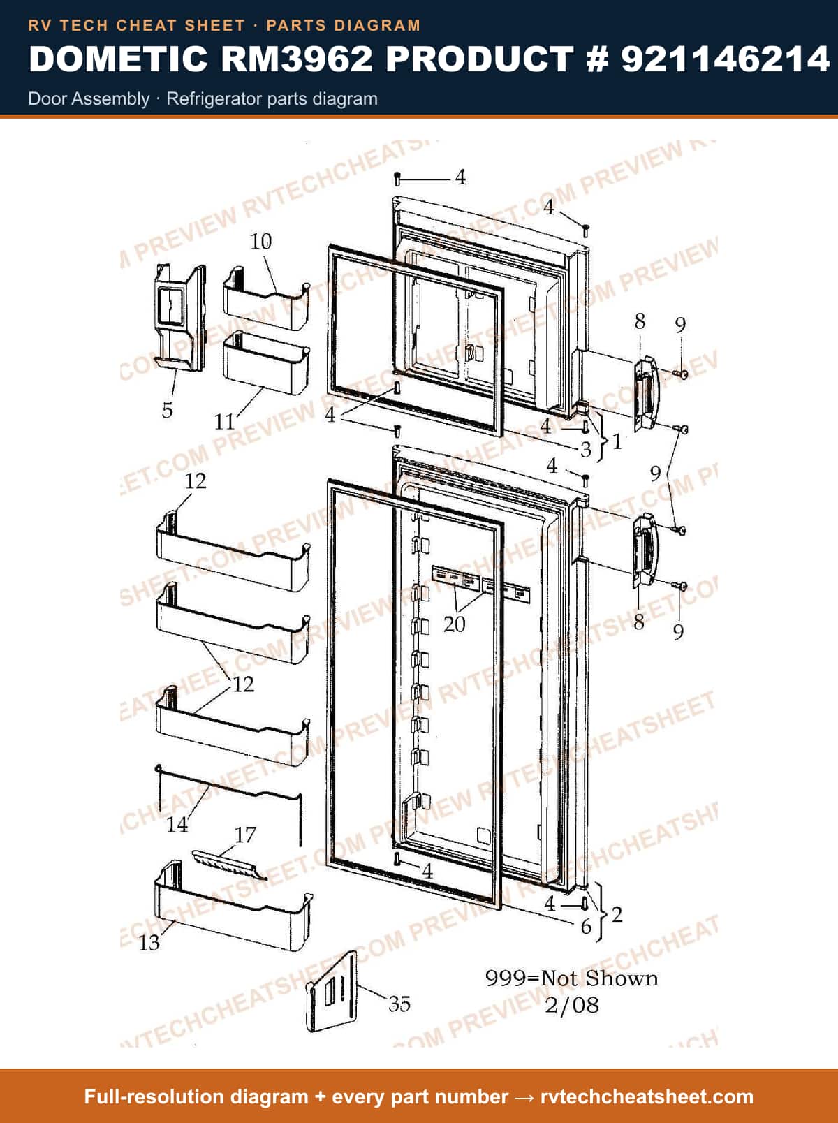 Dometic RM3962 Product # 921146214 door assembly — parts list sheet