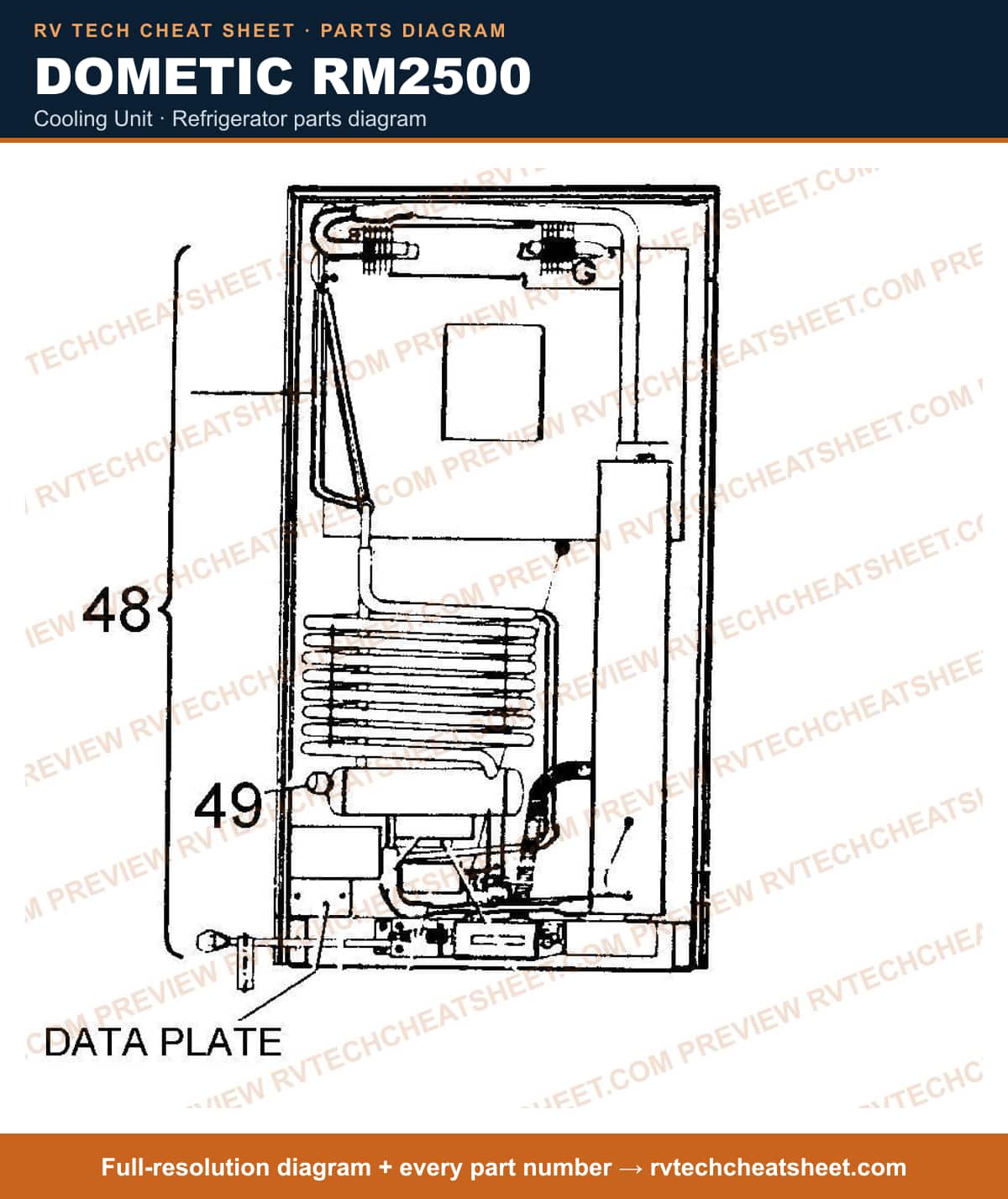 Dometic RM2500 cooling unit — parts list sheet