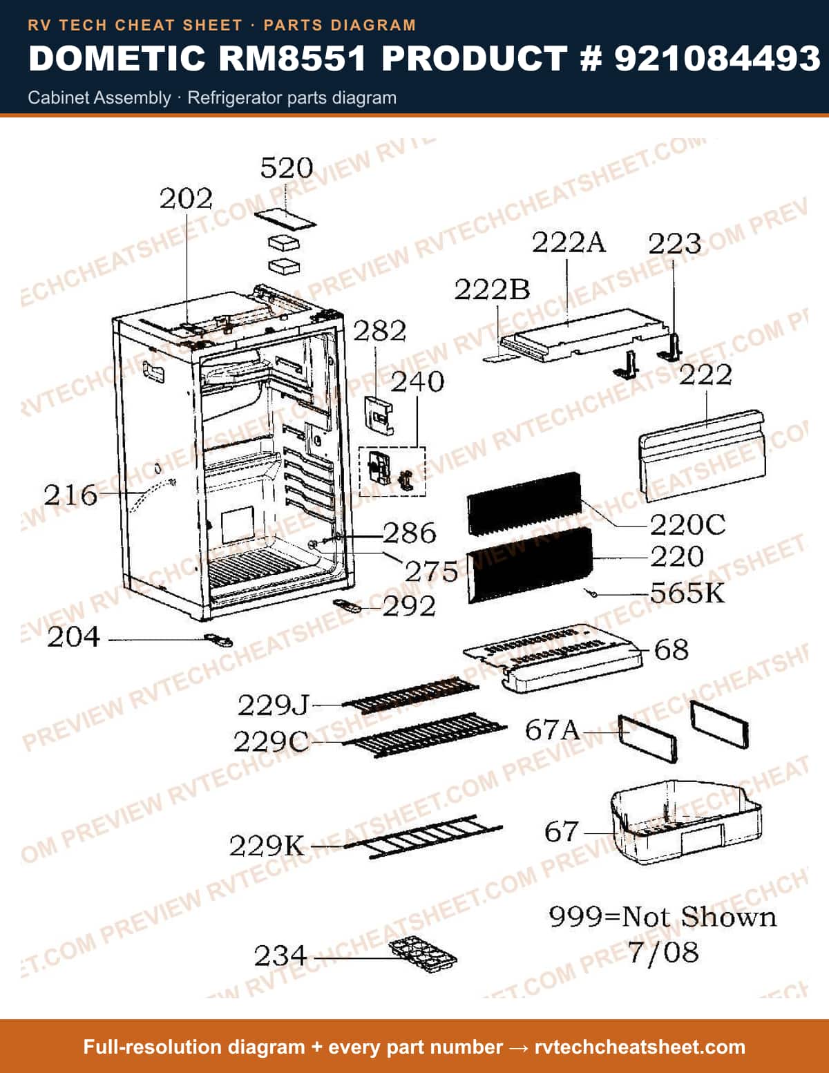 Dometic RM8551 Product # 921084493 cabinet assembly — parts list sheet