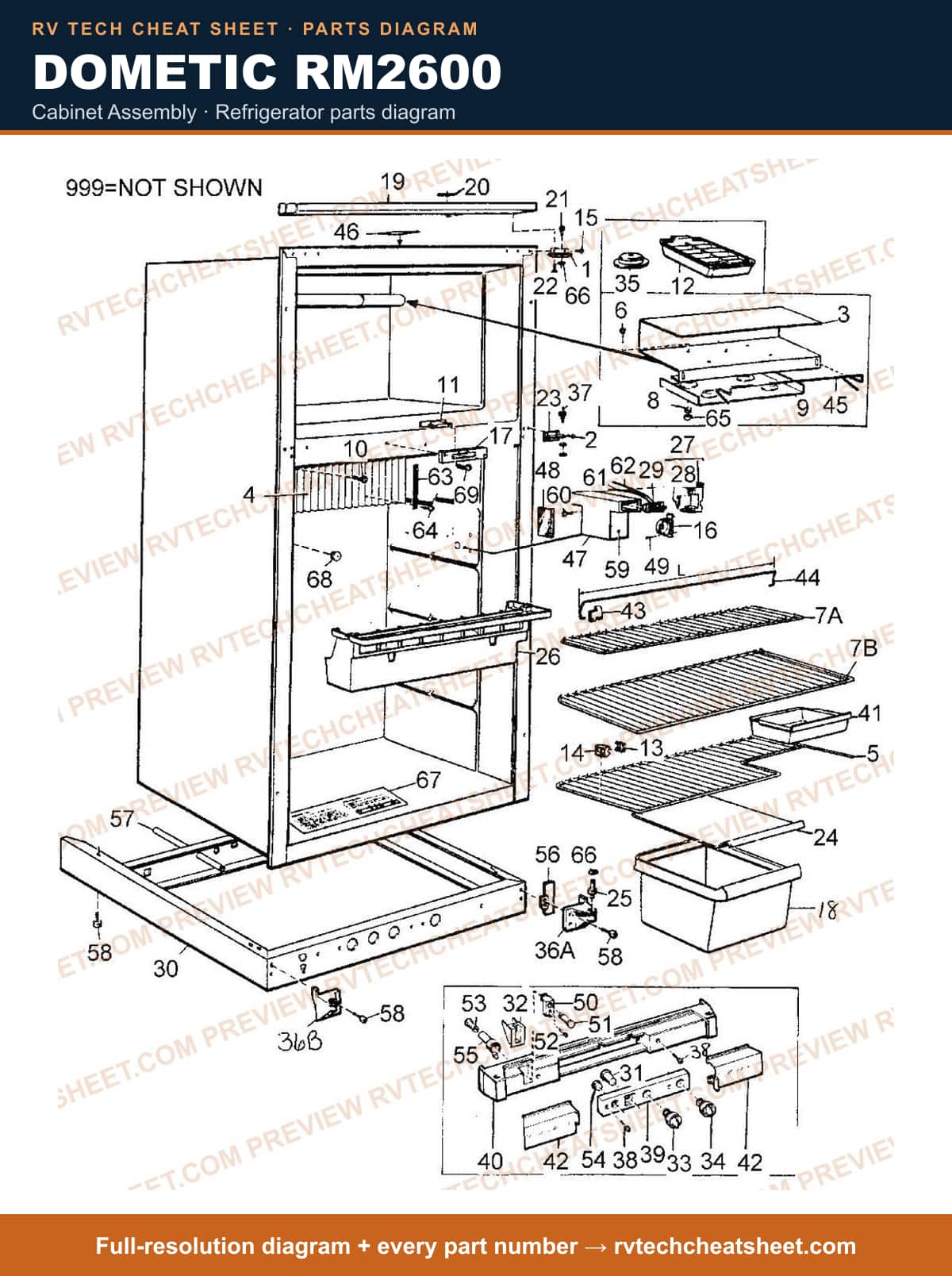 Dometic RM2600 cabinet assembly — parts list sheet