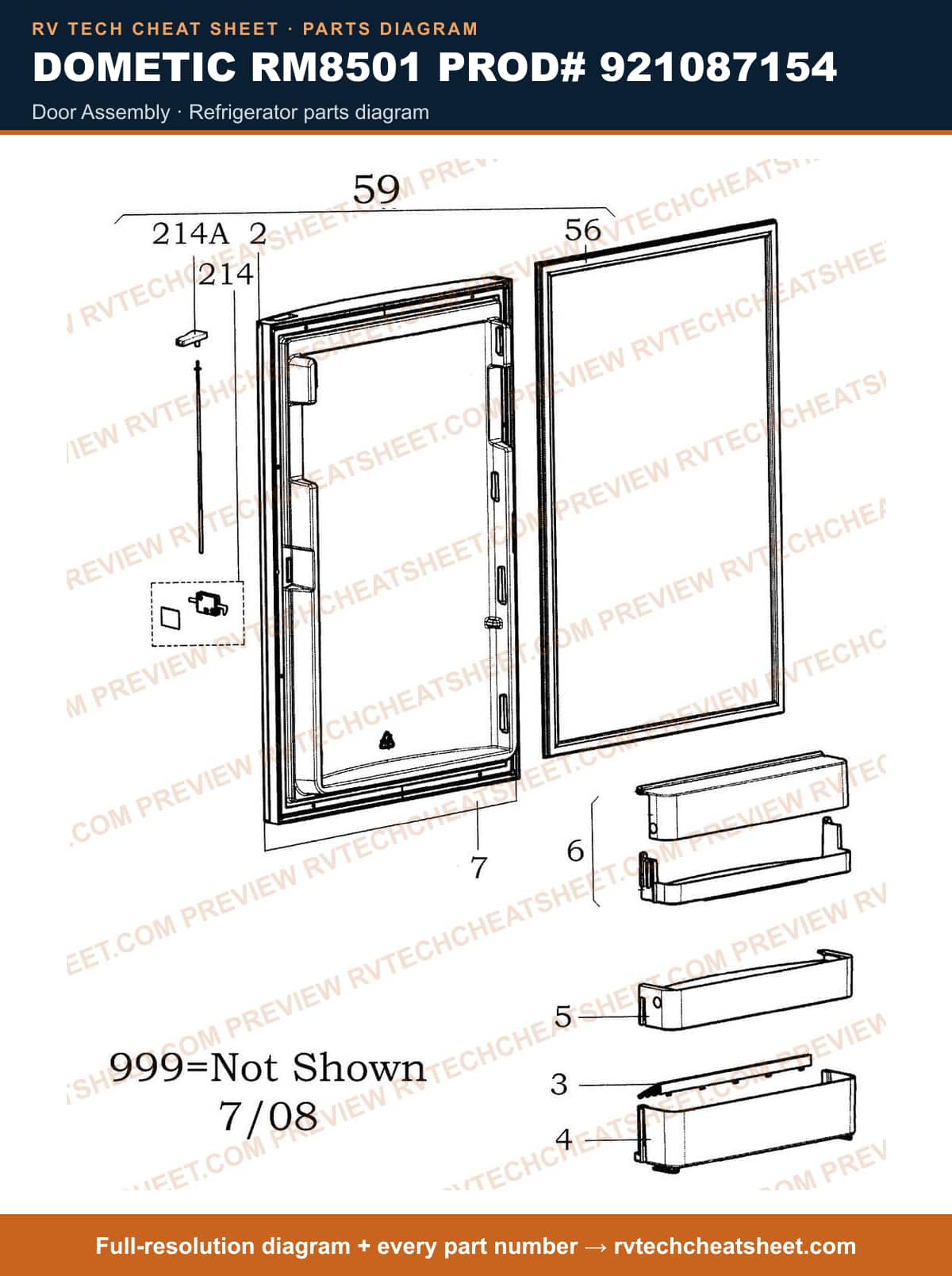Dometic RM8501 Prod# 921087154 door assembly — parts list sheet