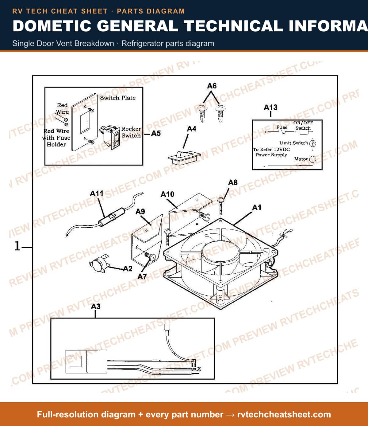 Dometic General Technical Information single door vent breakdown — parts list sheet