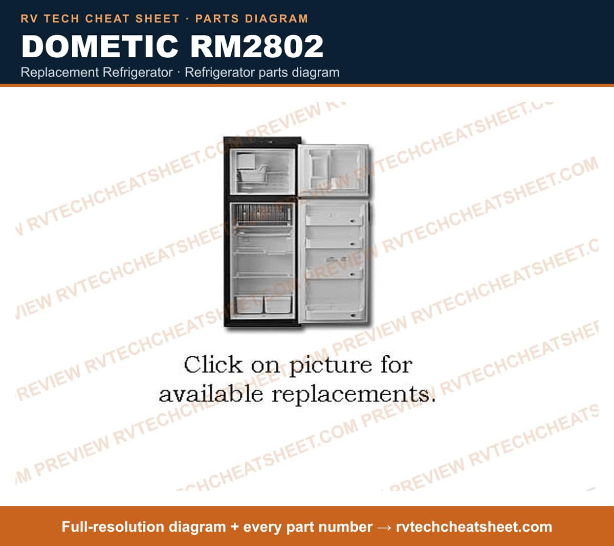 Dometic RM2802 replacement refrigerator — parts list sheet