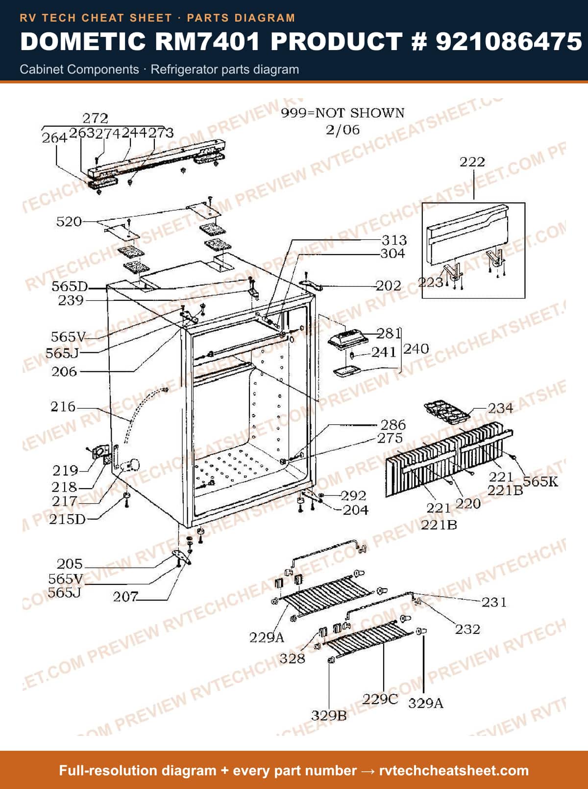 Dometic RM7401 Product # 921086475 cabinet components — parts list sheet
