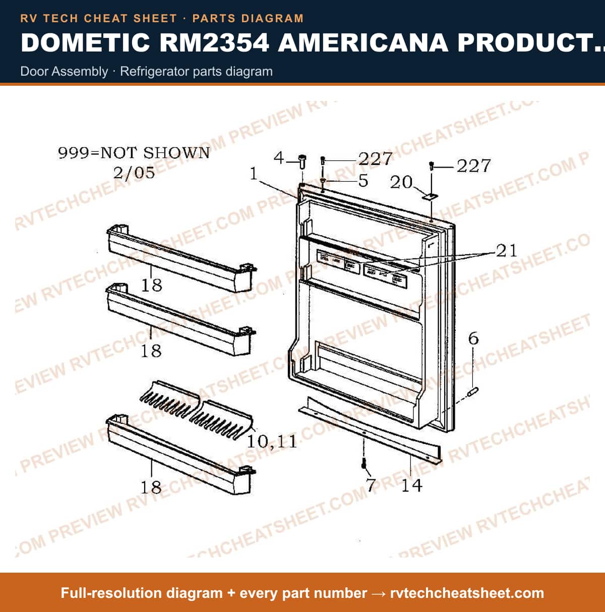 Dometic RM2354 Americana Product # 921145025 Taupe door assembly — parts list sheet