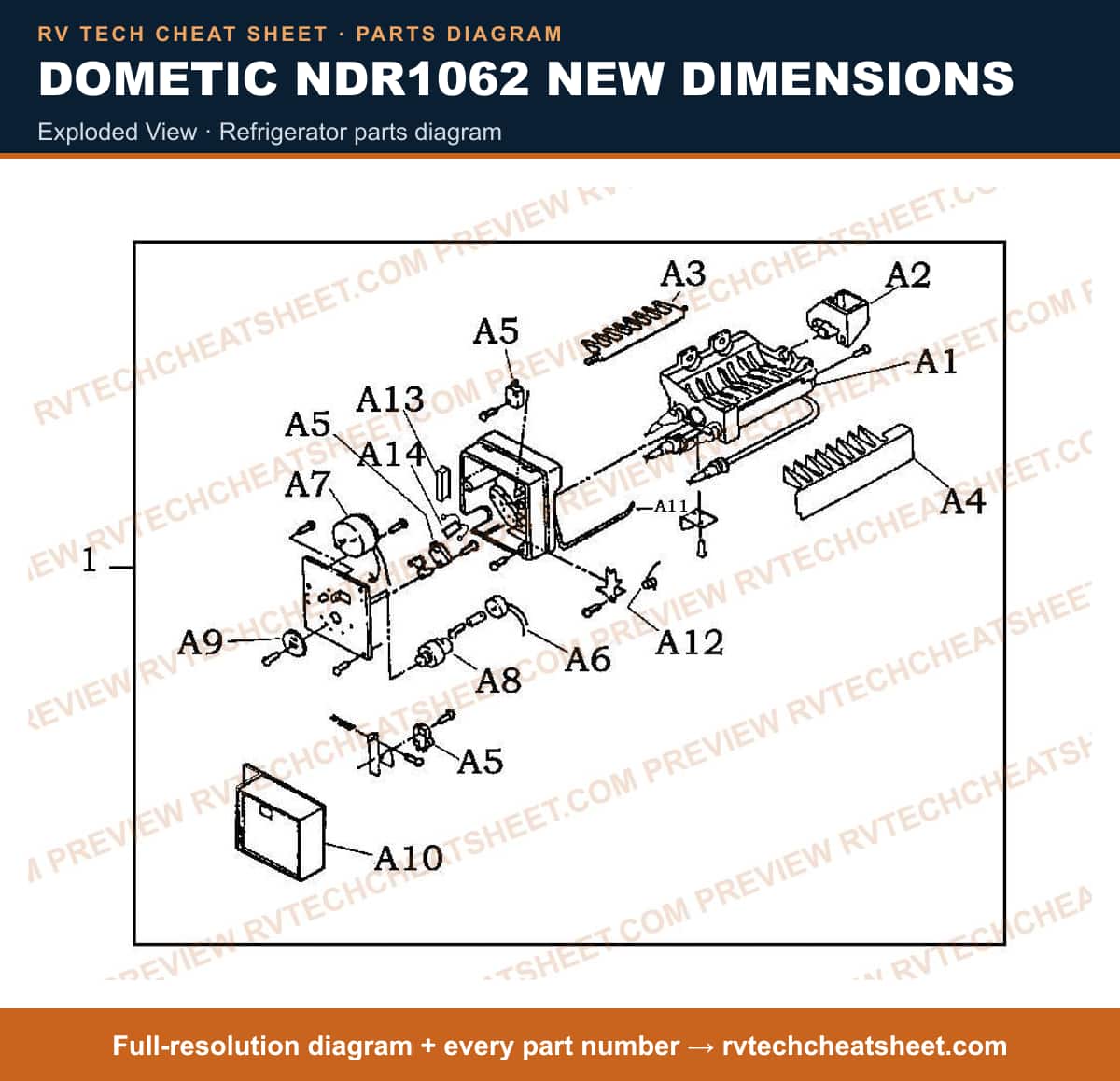 Dometic NDR1062 New Dimensions exploded view — parts list sheet
