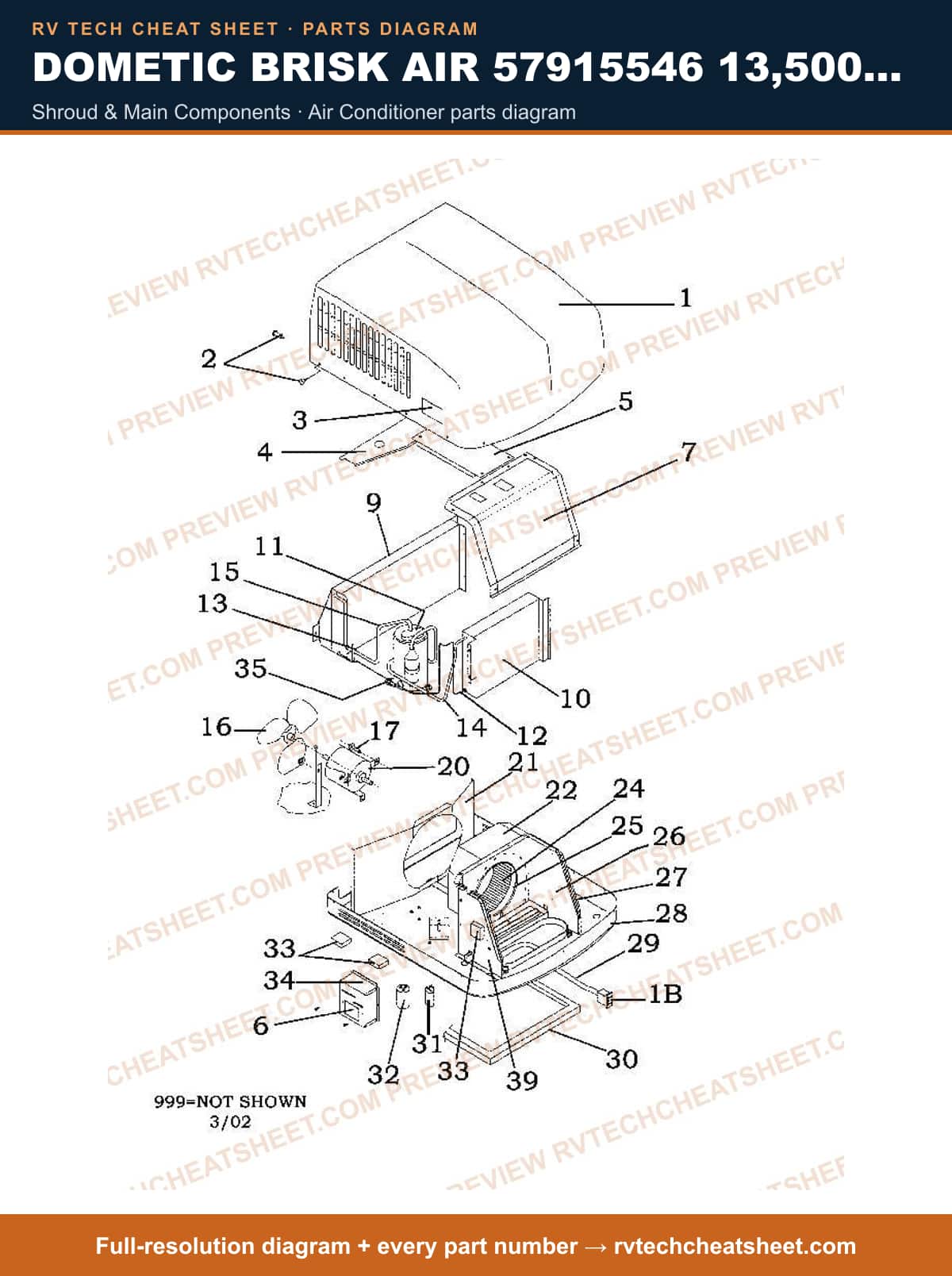Dometic Brisk Air 57915546 13,500 BTU shroud & main components — parts list sheet