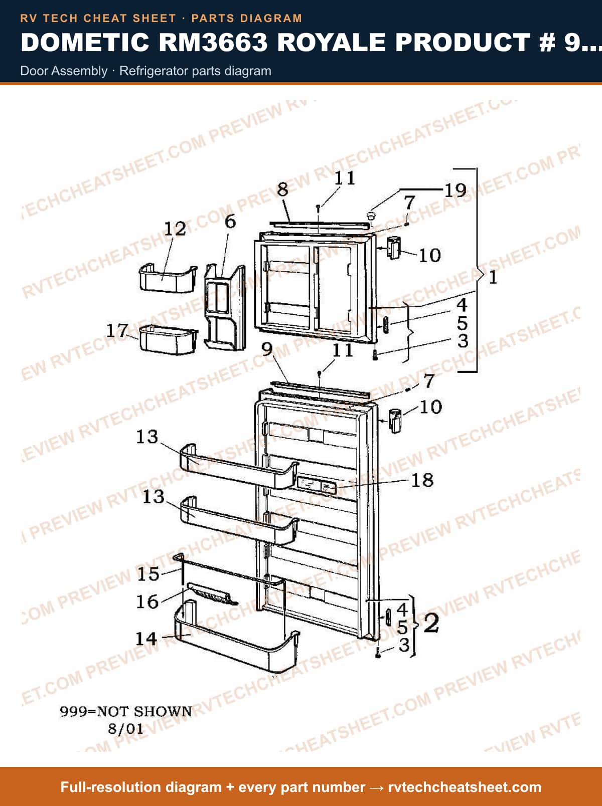 Dometic RM3663 Royale Product # 921144011 Beige door assembly — parts list sheet