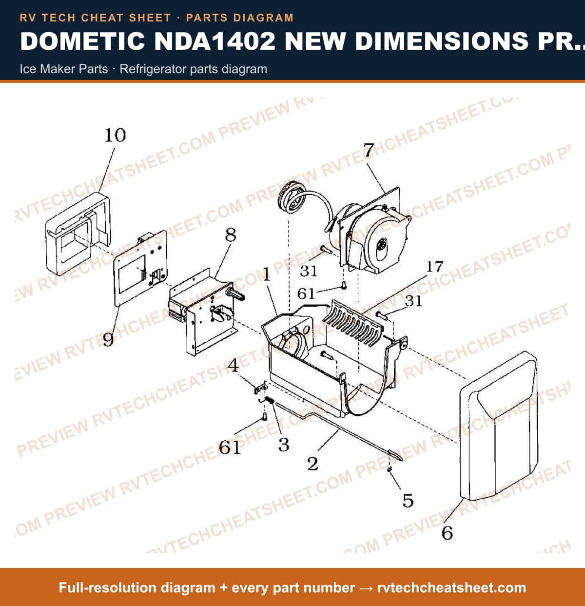 Dometic NDA1402 New Dimensions Product # 921148284 Black ice maker parts — parts list sheet