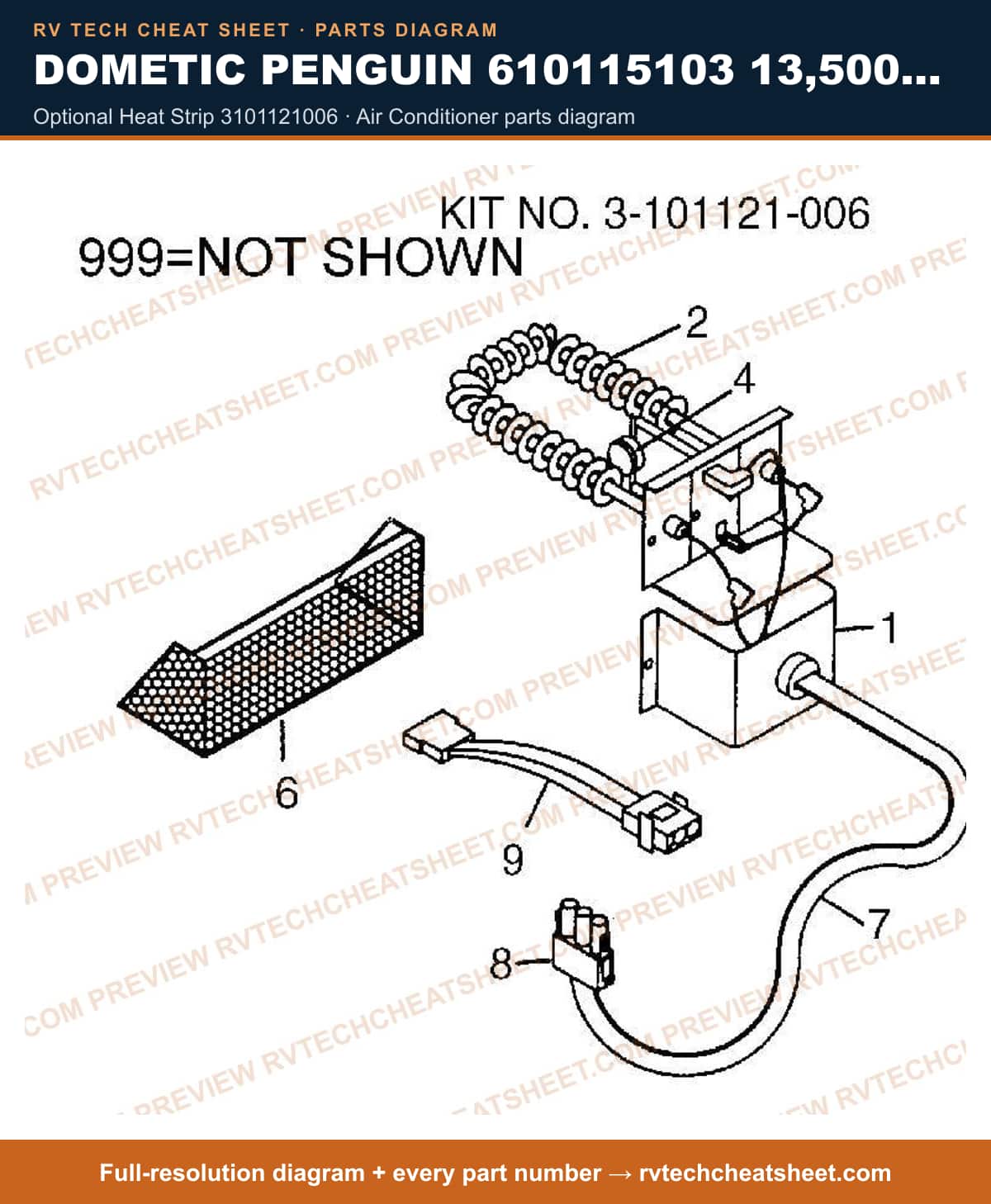 Dometic Penguin 610115103 13,500 BTU optional heat strip 3101121006 — parts list sheet