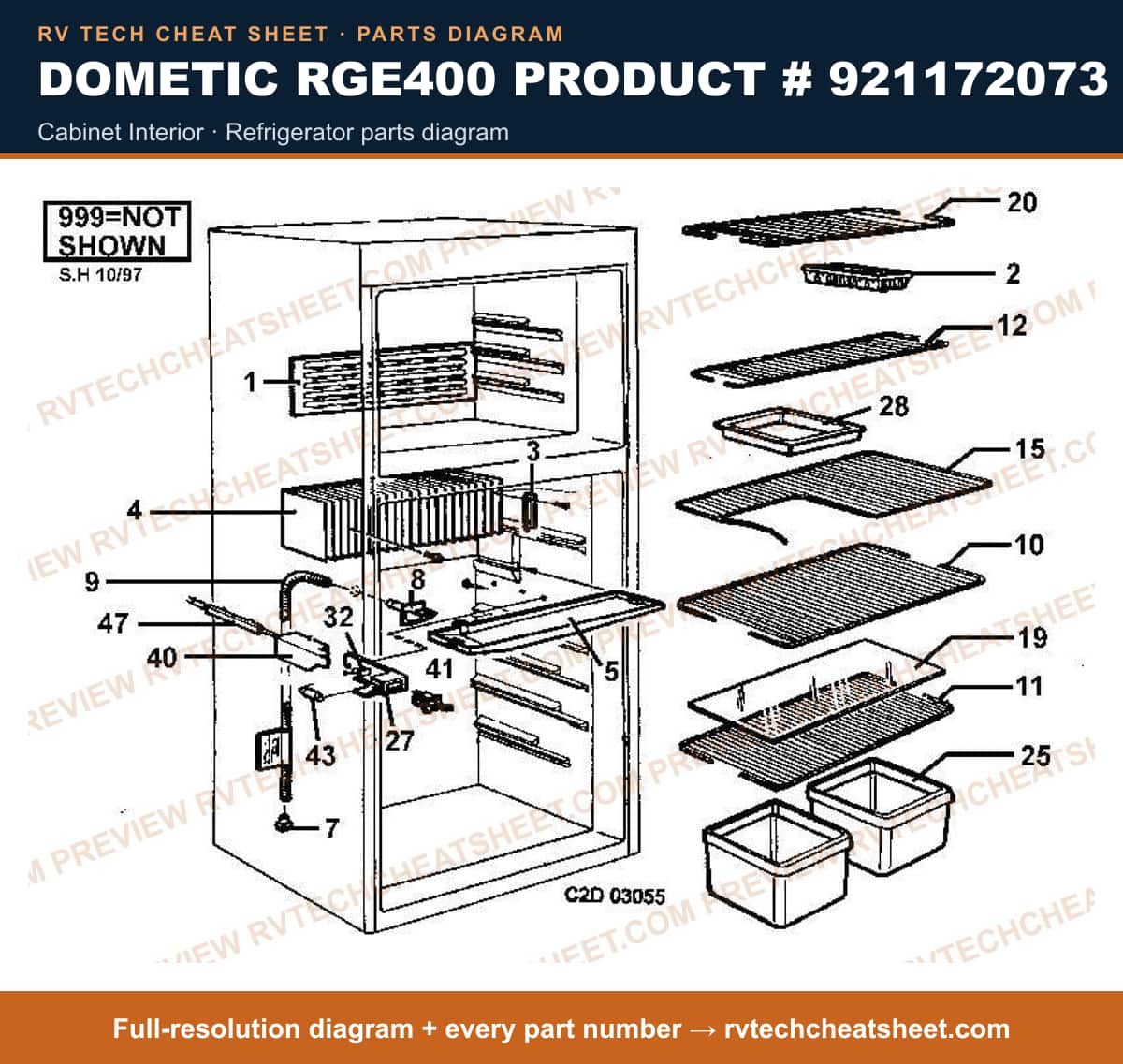 Dometic RGE400 Product # 921172073 cabinet interior — exploded parts diagram