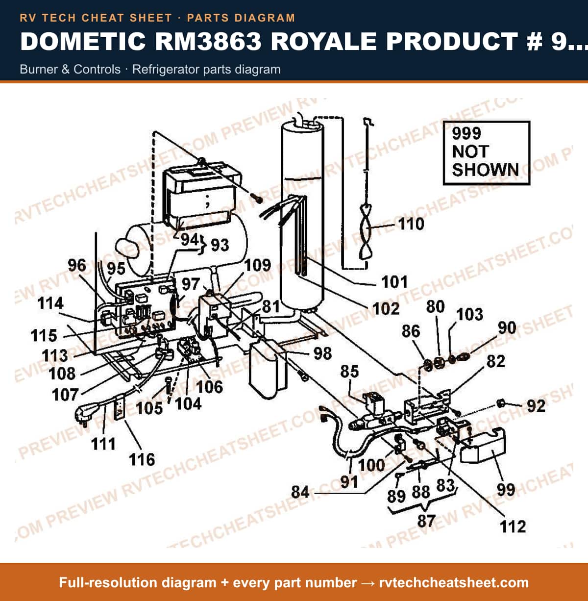Dometic RM3863 Royale Product # 921146012 Beige burner & controls — parts list sheet