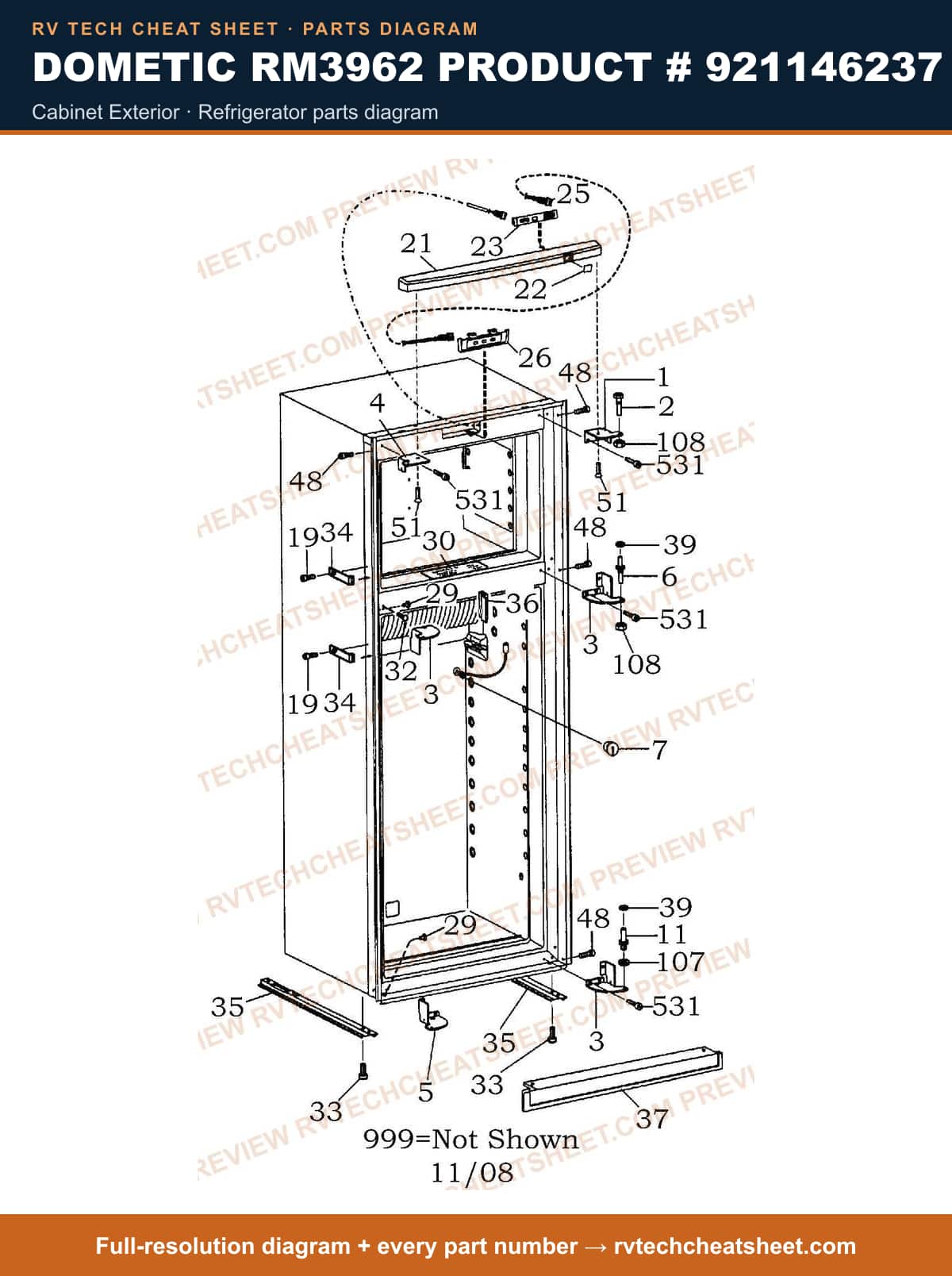 Dometic RM3962 Product # 921146237 cabinet exterior — parts list sheet
