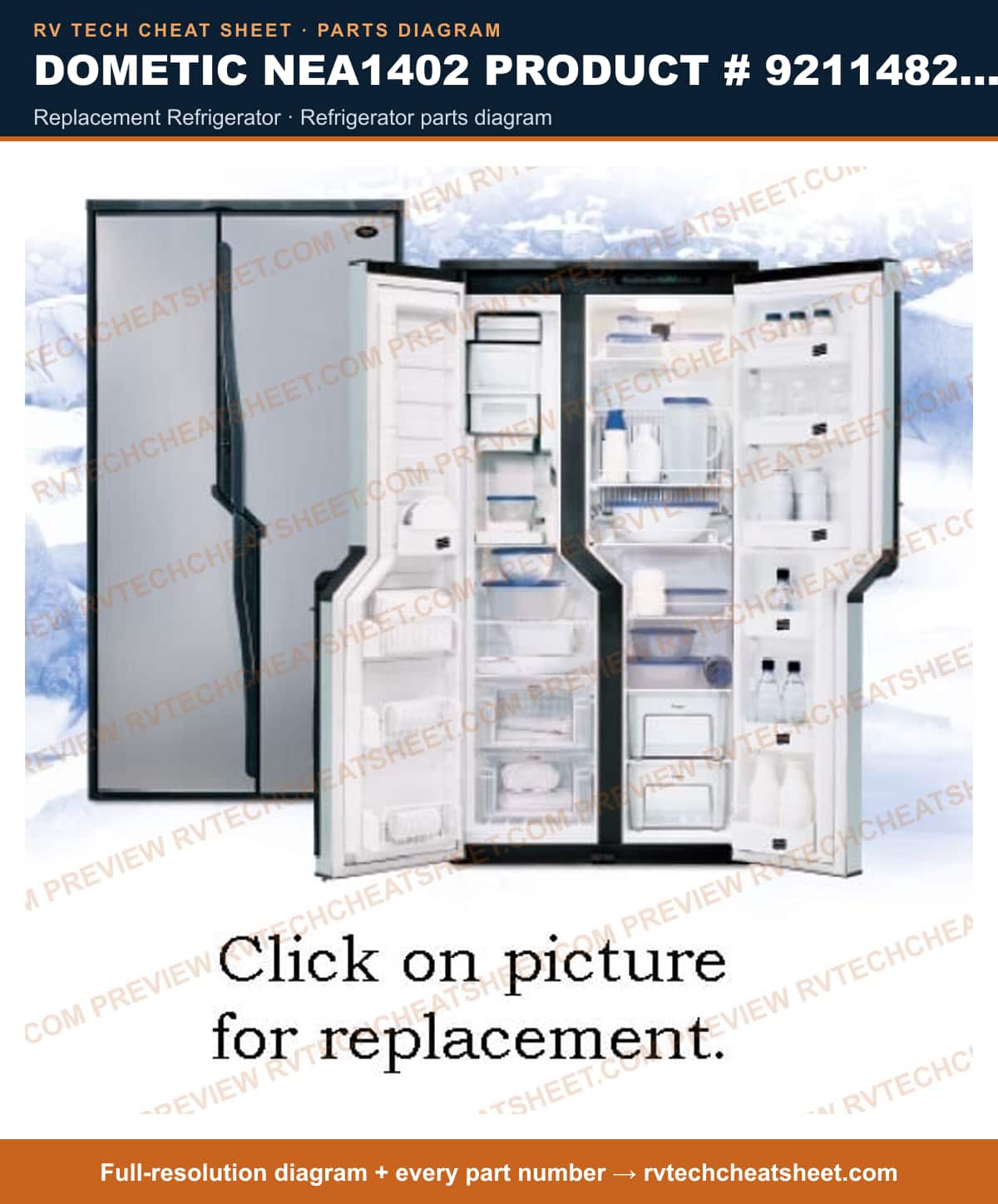 Dometic NEA1402 Product # 921148252 replacement refrigerator — parts list sheet