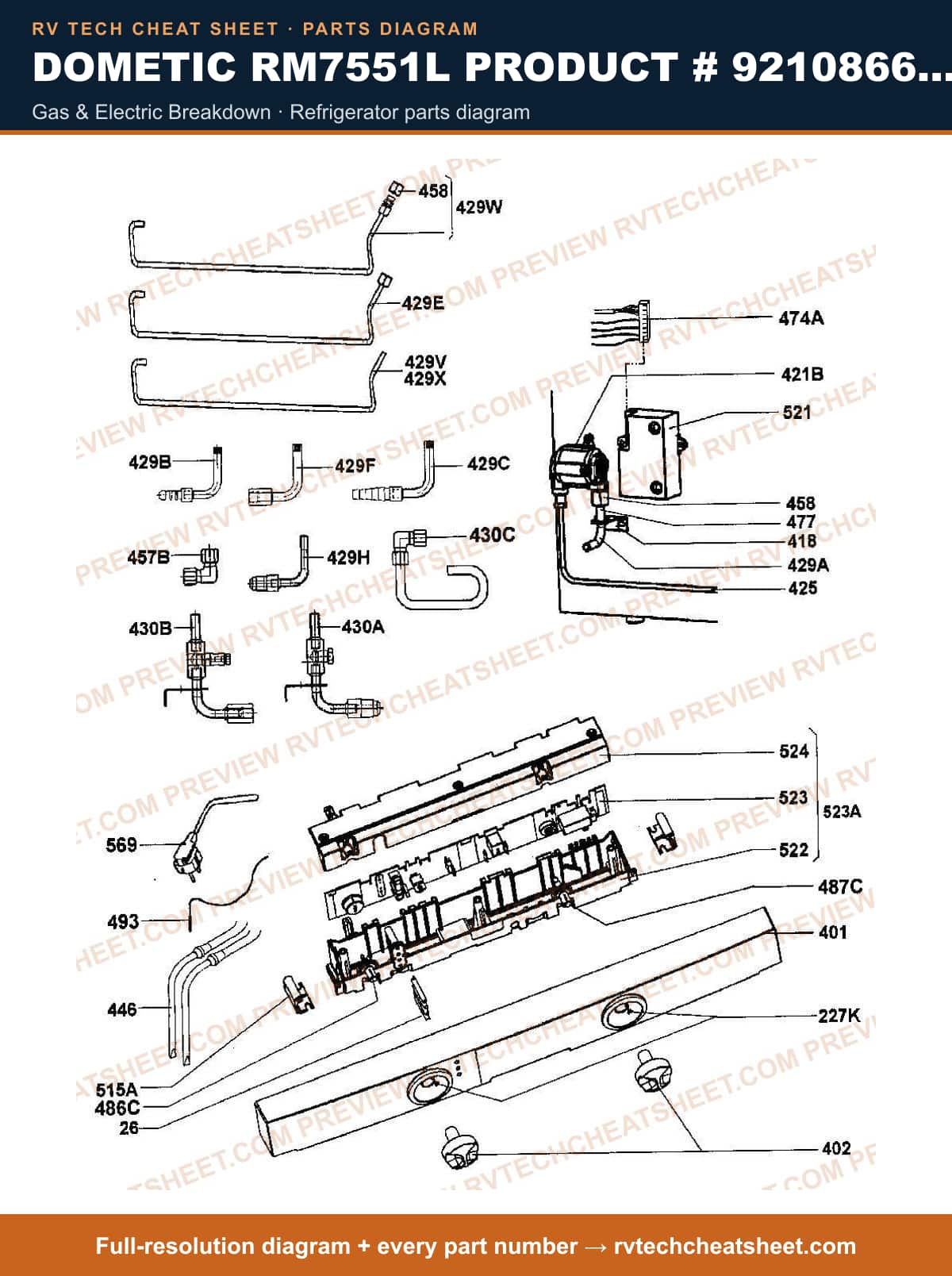 Dometic RM7551L Product # 921086630 gas & electric breakdown — parts list sheet