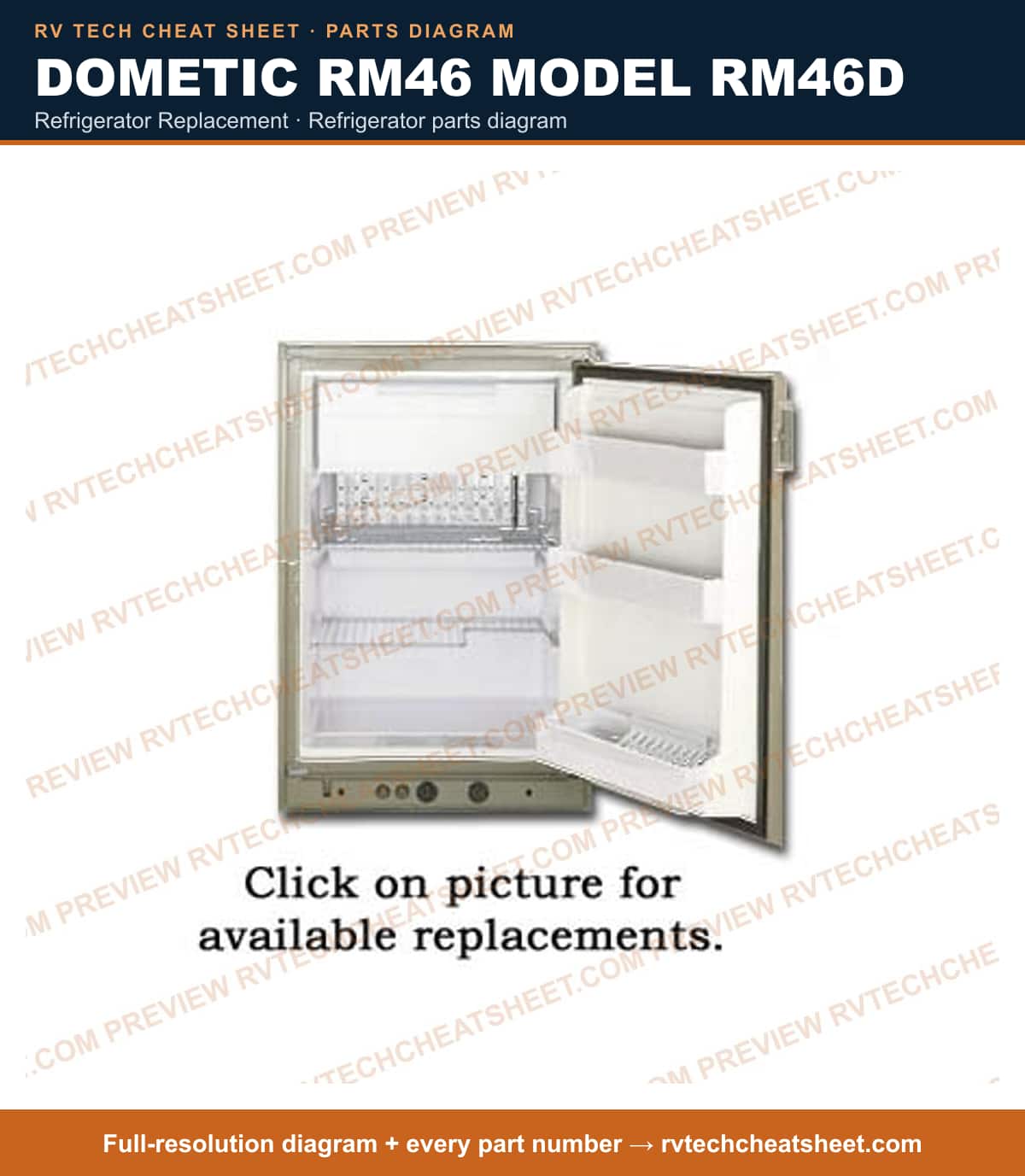 Dometic RM46 Model RM46D refrigerator replacement — parts list sheet