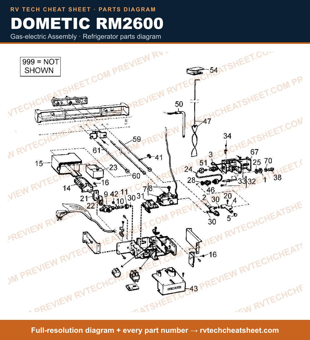 Dometic RM2600 gas-electric assembly — parts list sheet