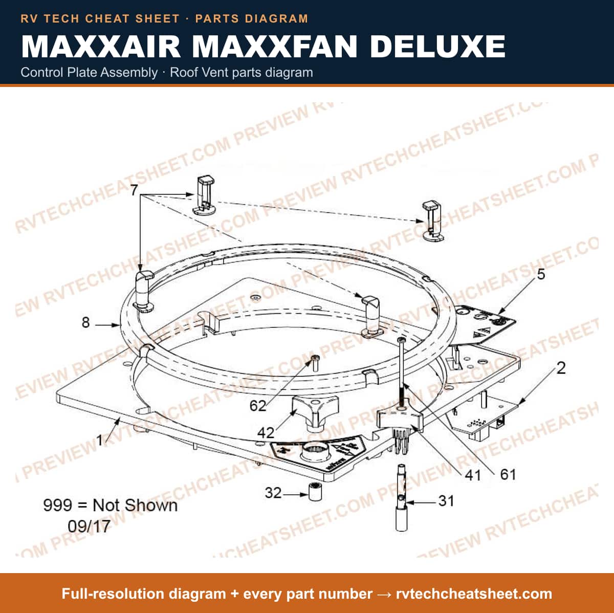 MaxxAir Maxxfan Deluxe control plate assembly — exploded parts diagram