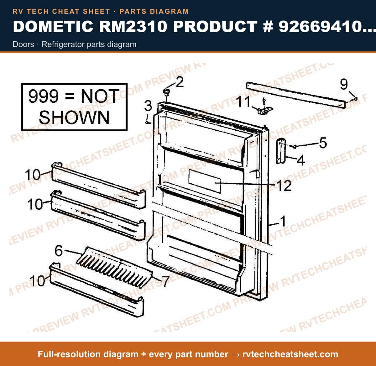 Dometic RM2310 Product # 926694101 3-WAY doors — parts list sheet
