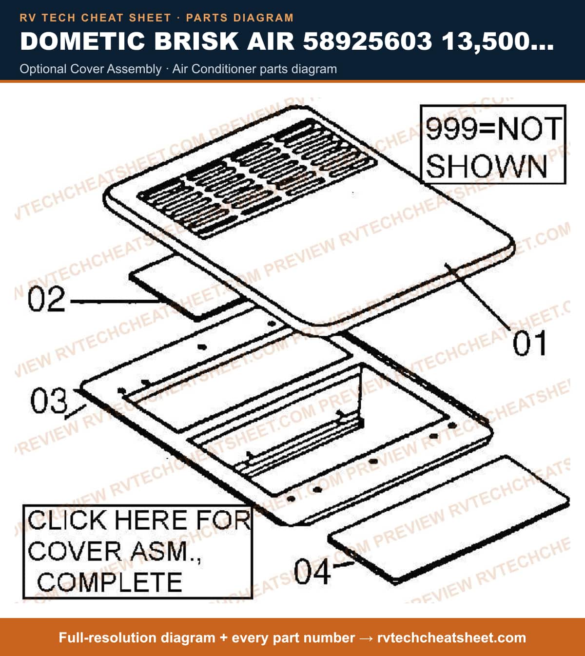 Dometic Brisk Air 58925603 13,500 BTU optional cover assembly — parts list sheet