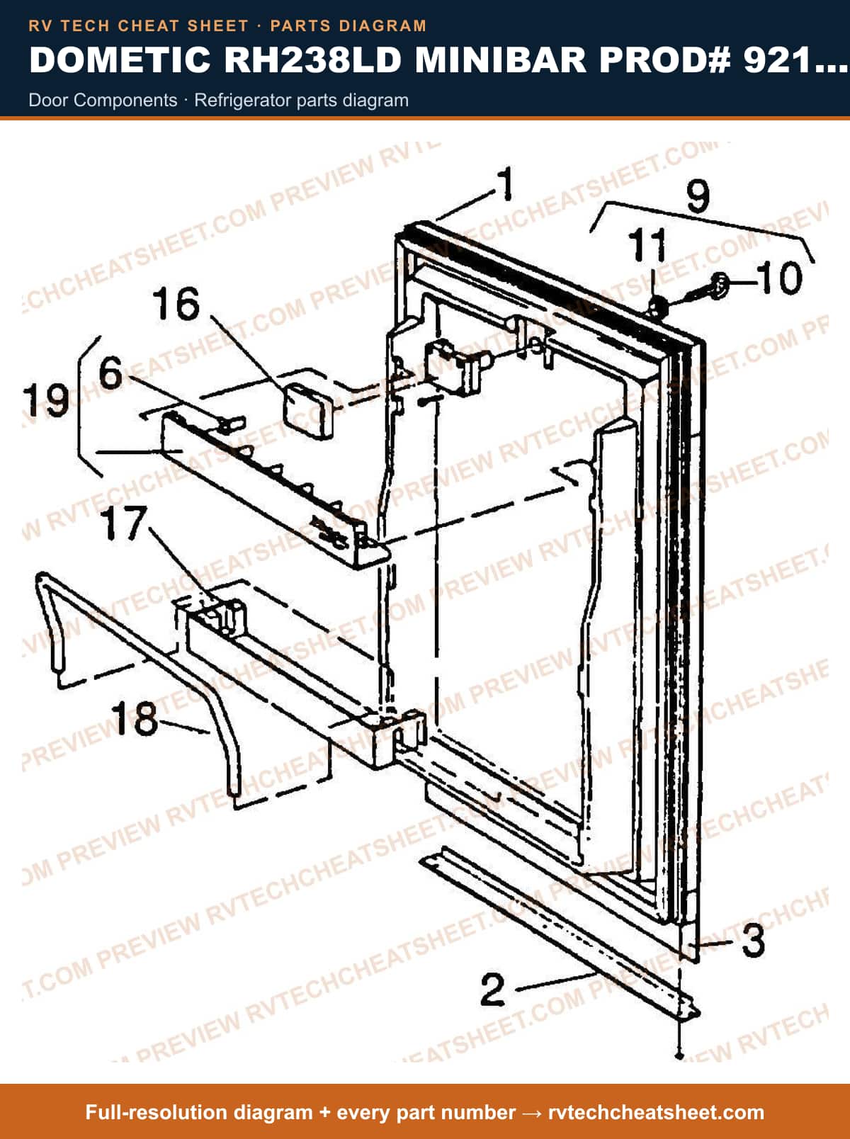 Dometic RH238LD Minibar Prod# 921063303 door components — parts list sheet