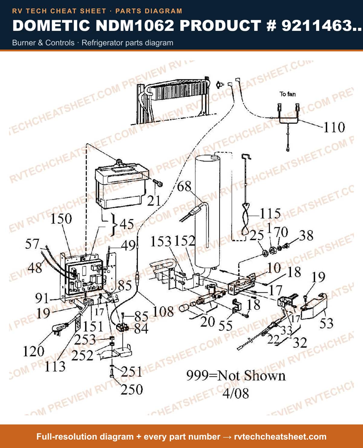 Dometic NDM1062 Product # 921146338 Black burner & controls — parts list sheet