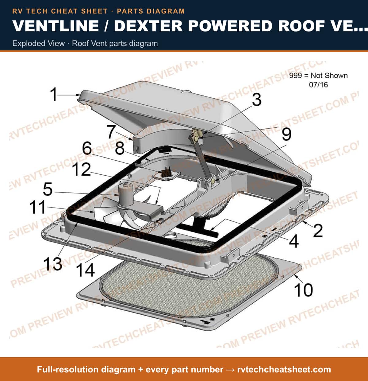 Ventline / Dexter Powered Roof Vents / Outlet Fans & Vents V3094 Series exploded view — parts list sheet 2 of 3