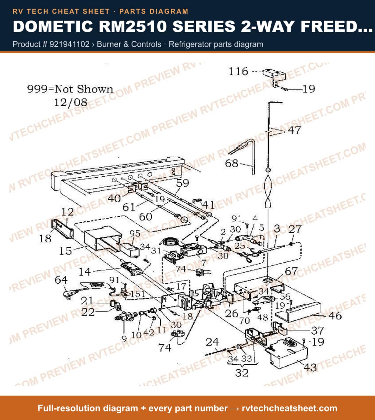Dometic RM2510 Series 2-WAY Freedom product # 921941102 › burner & controls — parts list sheet