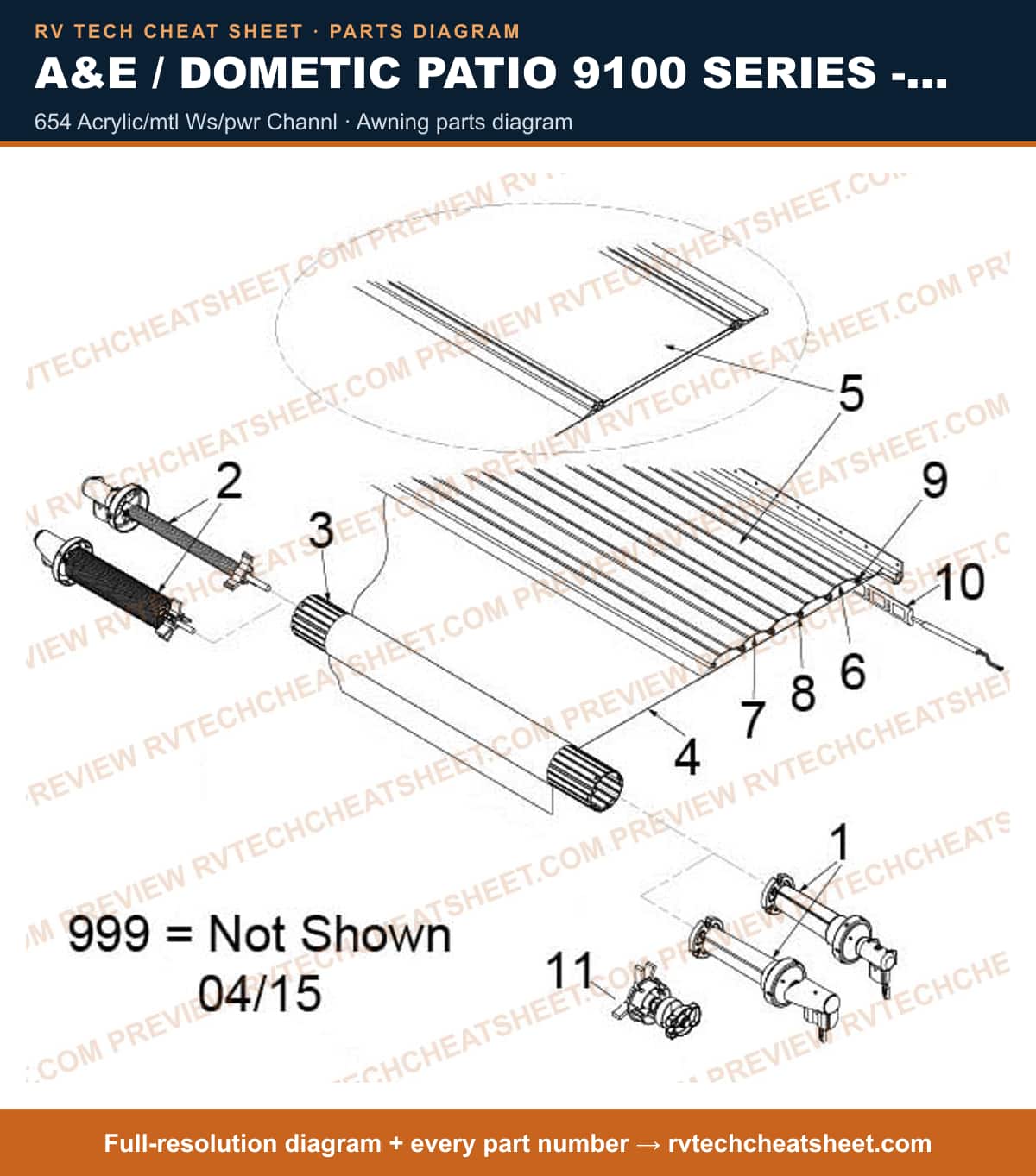 A&E / Dometic Patio 9100 Series - Power 654 acrylic/mtl ws/pwr channl — exploded parts diagram