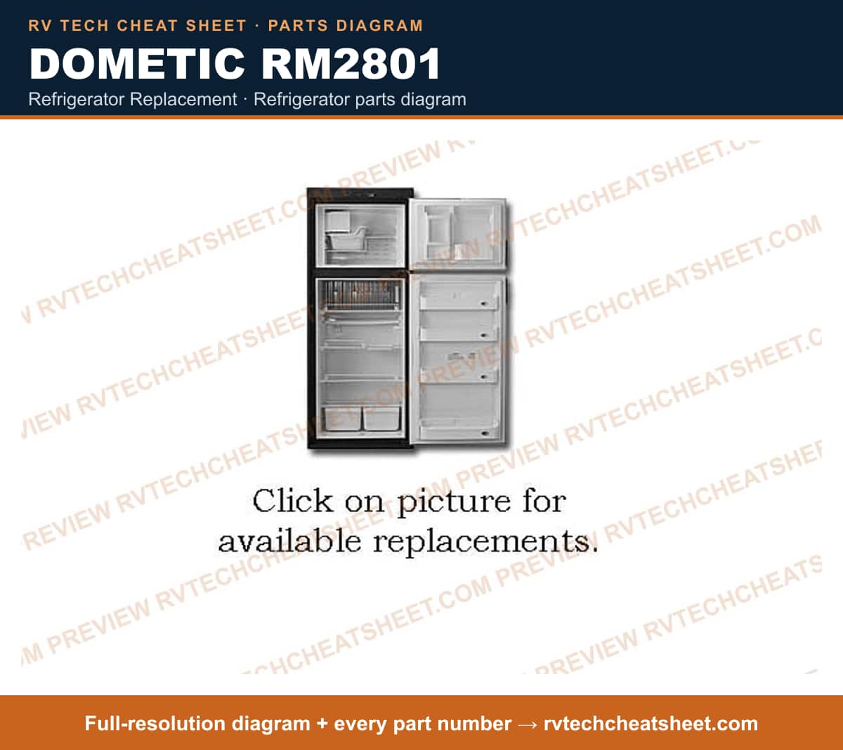 Dometic RM2801 refrigerator replacement — parts list sheet