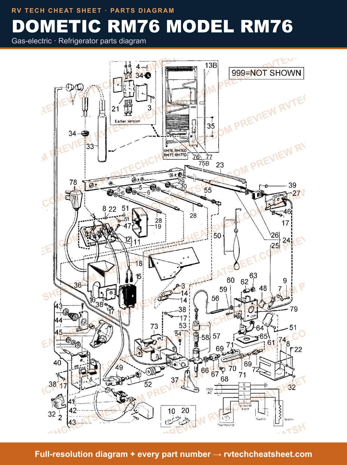 Dometic RM76 Model RM76 gas-electric — parts list sheet