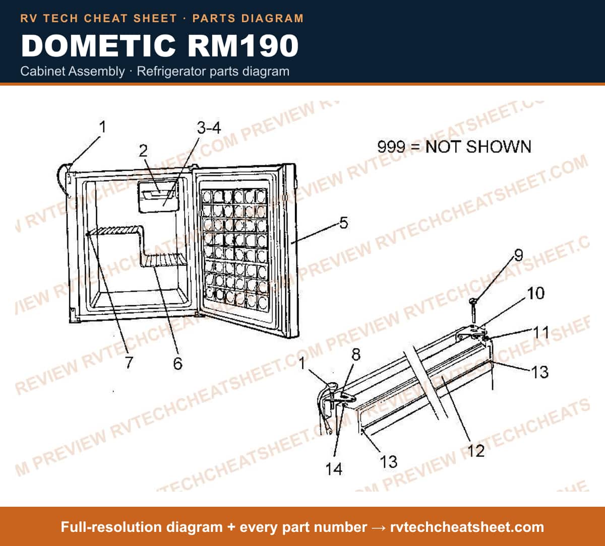 Dometic RM190 cabinet assembly — parts list sheet