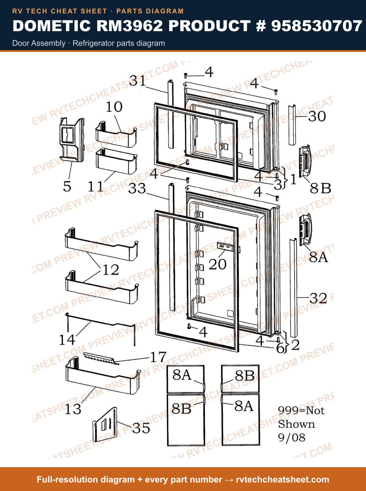 Dometic RM3962 Product # 958530707 door assembly — parts list sheet
