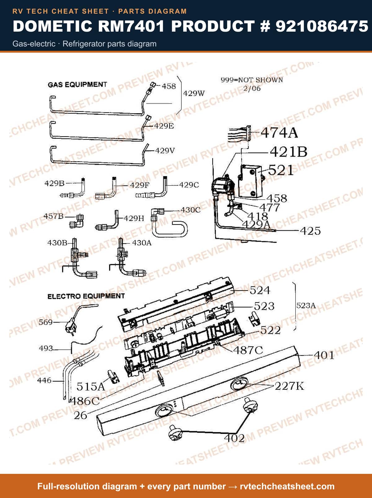 Dometic RM7401 Product # 921086475 gas-electric — parts list sheet