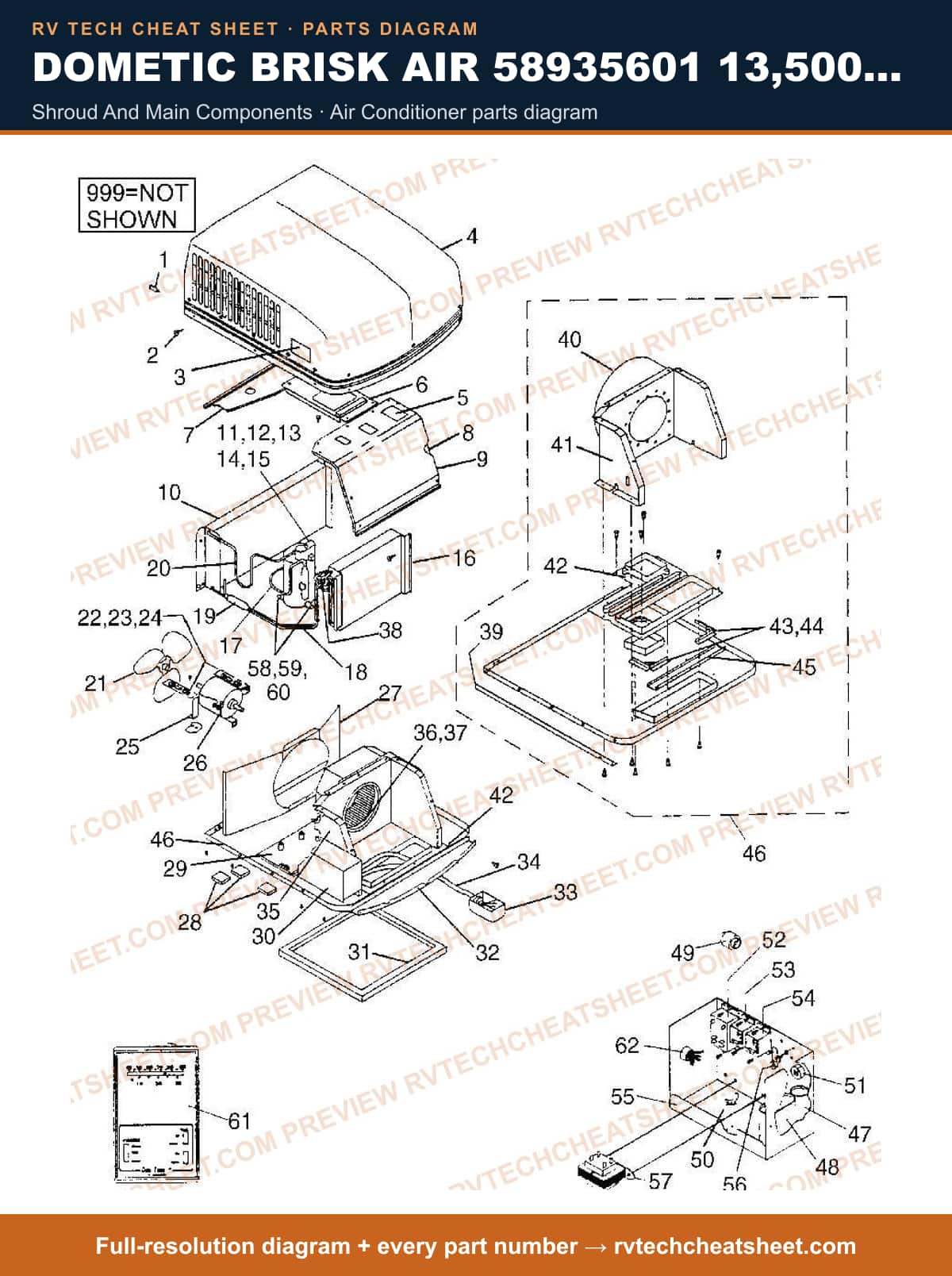 Dometic Brisk Air 58935601 13,500 BTU shroud and main components — parts list sheet